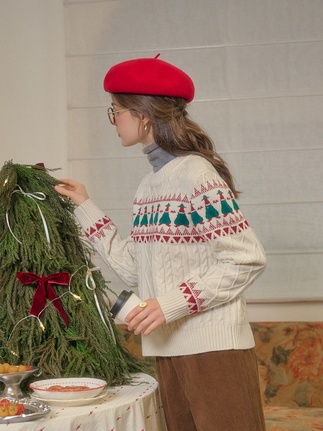 Charlize Fair Isle Ribbed Round Neck Christmas Pattern Wool Sweater - Apricot