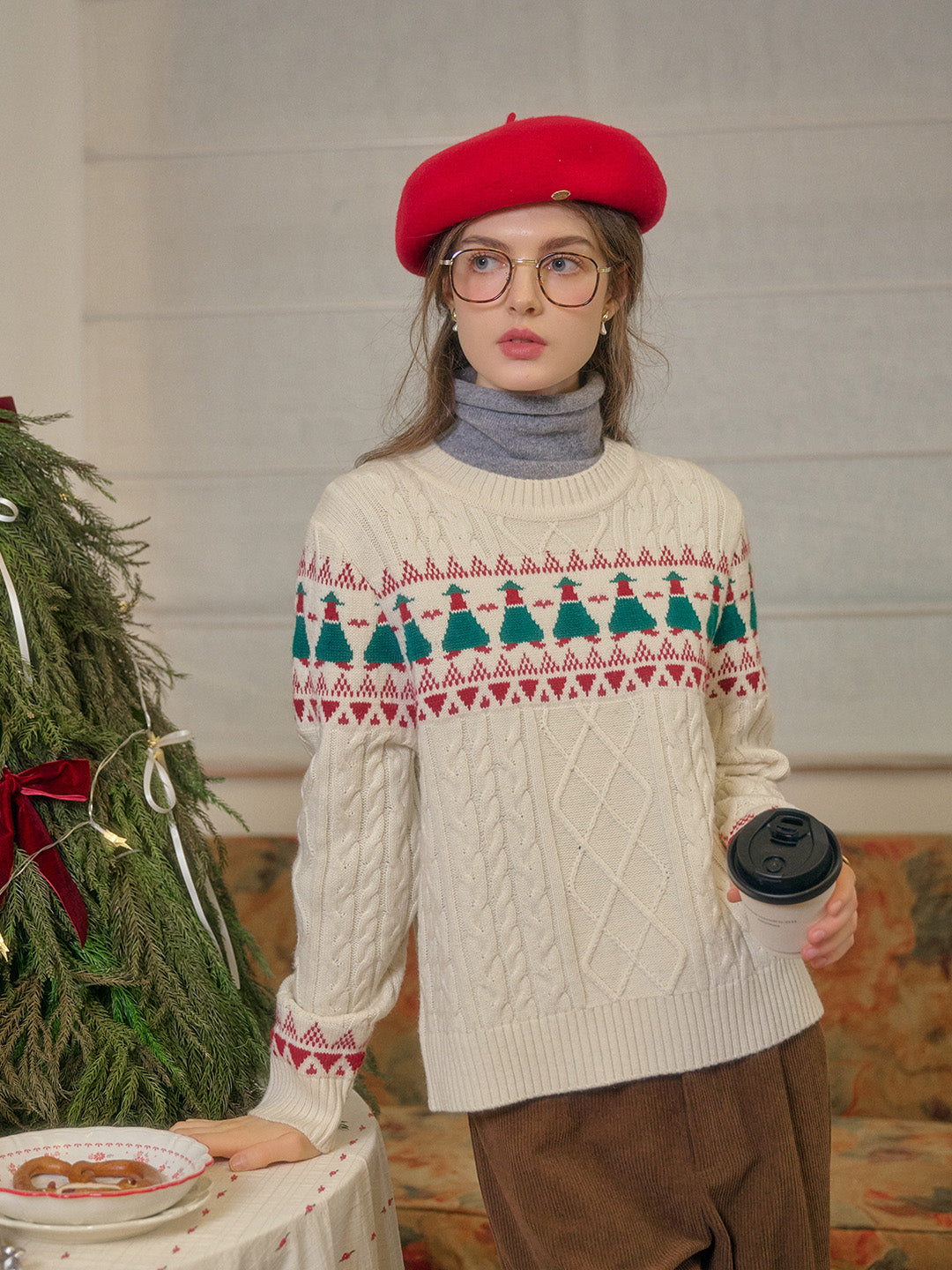 Charlize Fair Isle Ribbed Round Neck Christmas Pattern Wool Sweater - Apricot