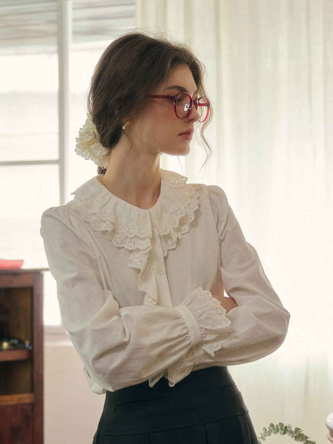 Azalea Double-Layered Lace Ruffled Collar Hollow Cotton Blouse