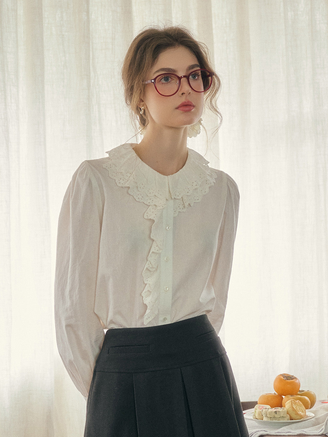 Azalea Double-Layered Lace Ruffled Collar Hollow Cotton Blouse