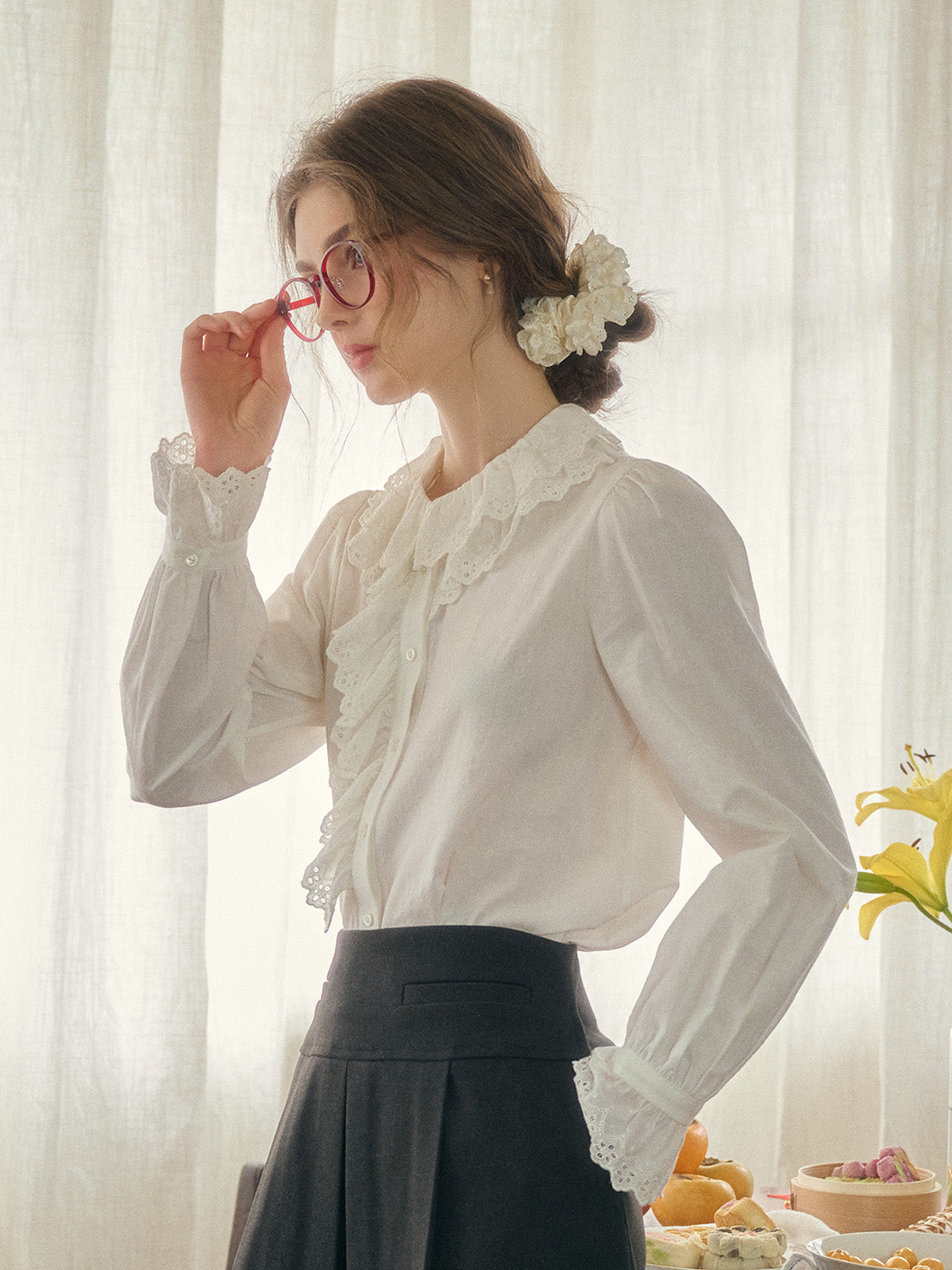 Azalea Double-Layered Lace Ruffled Collar Hollow Cotton Blouse