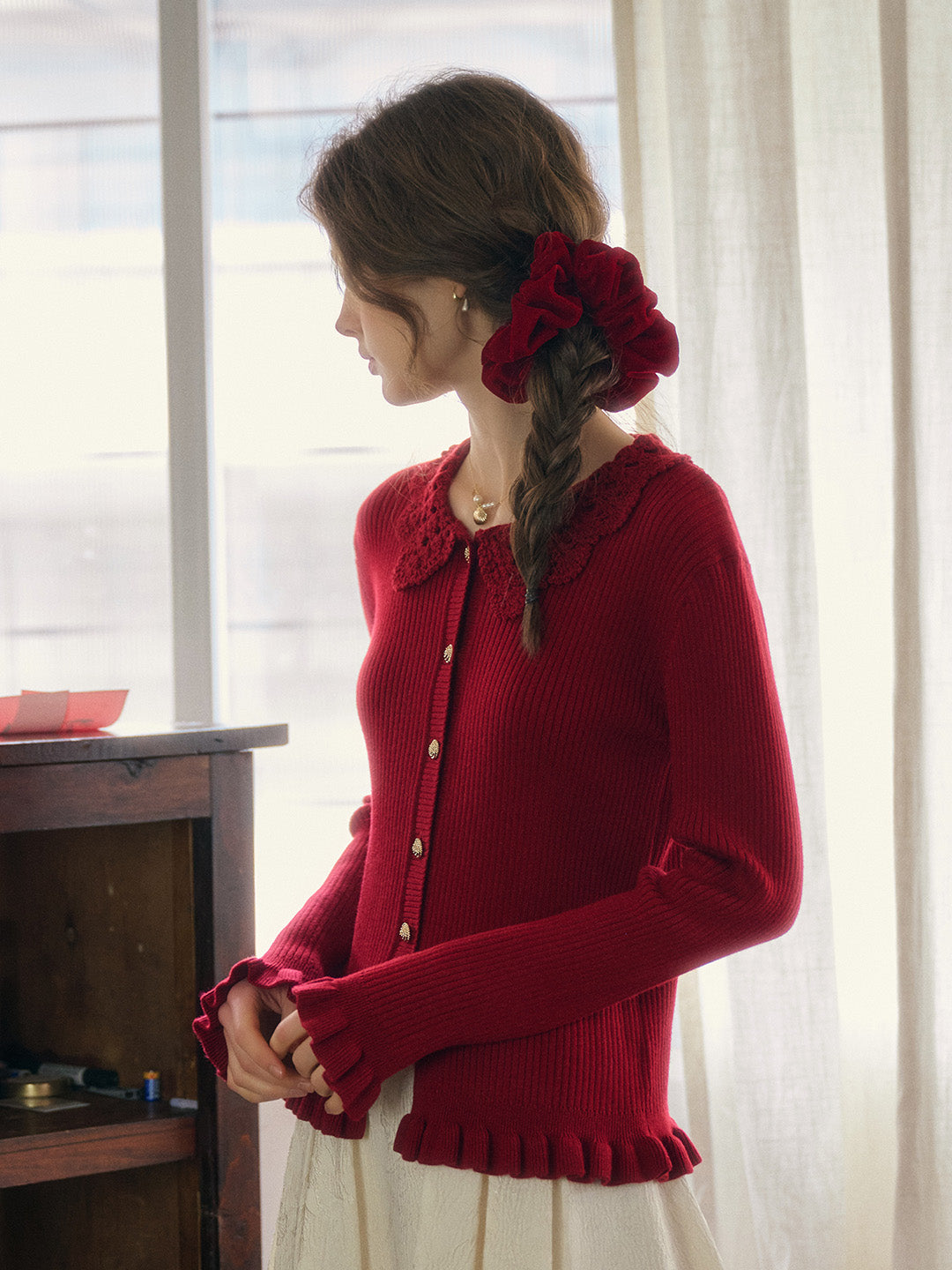 Jocelyn Red Round Neck Knit Wool Cardigan