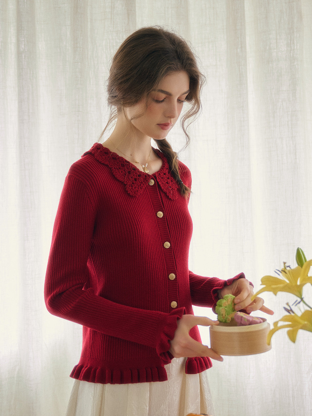 Jocelyn Red Round Neck Knit Wool Cardigan