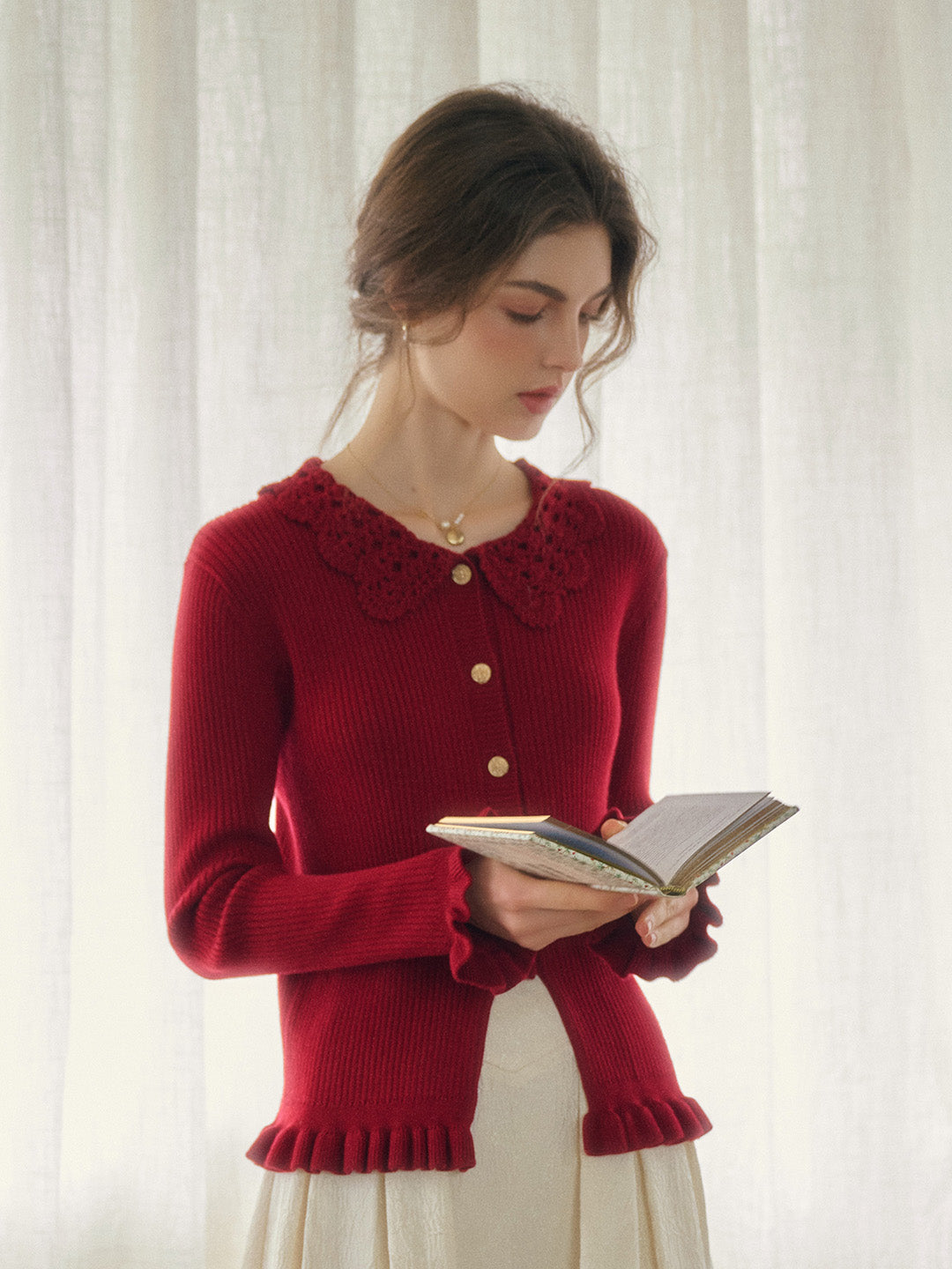 Jocelyn Red Round Neck Knit Wool Cardigan