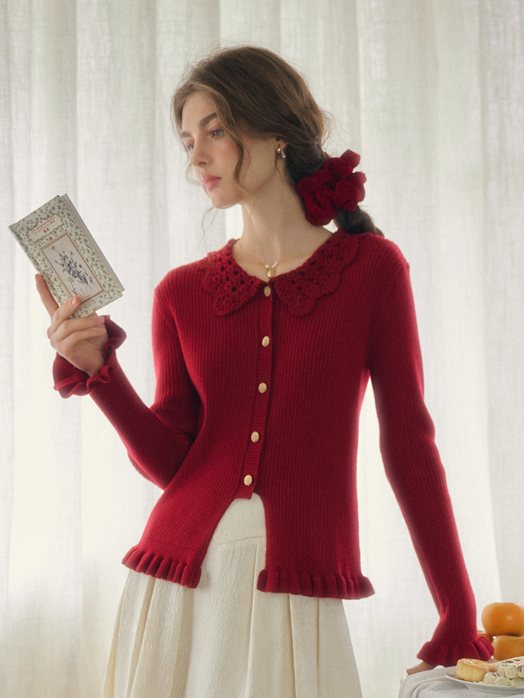 Jocelyn Red Round Neck Knit Wool Cardigan