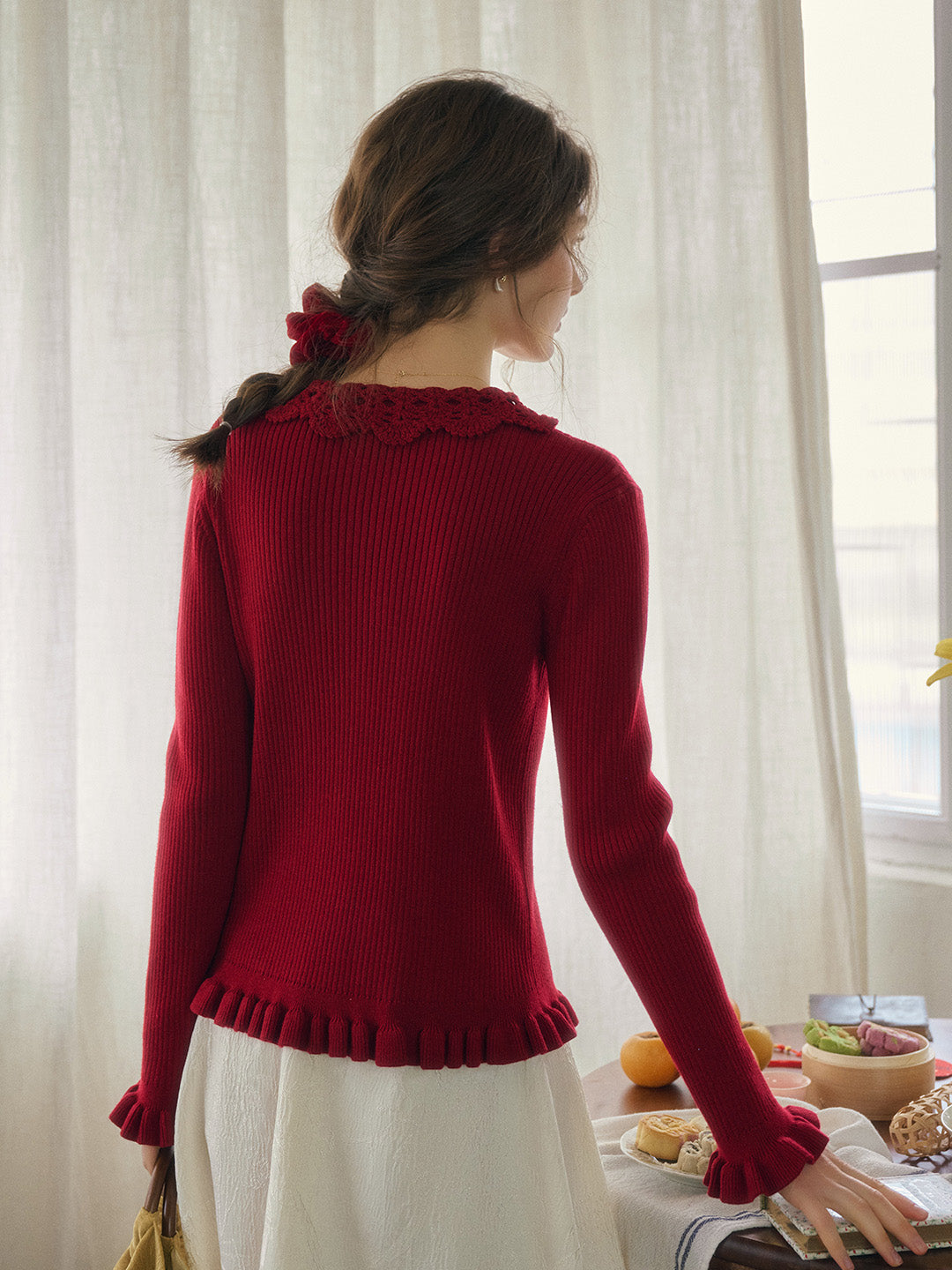 Jocelyn Red Round Neck Knit Wool Cardigan