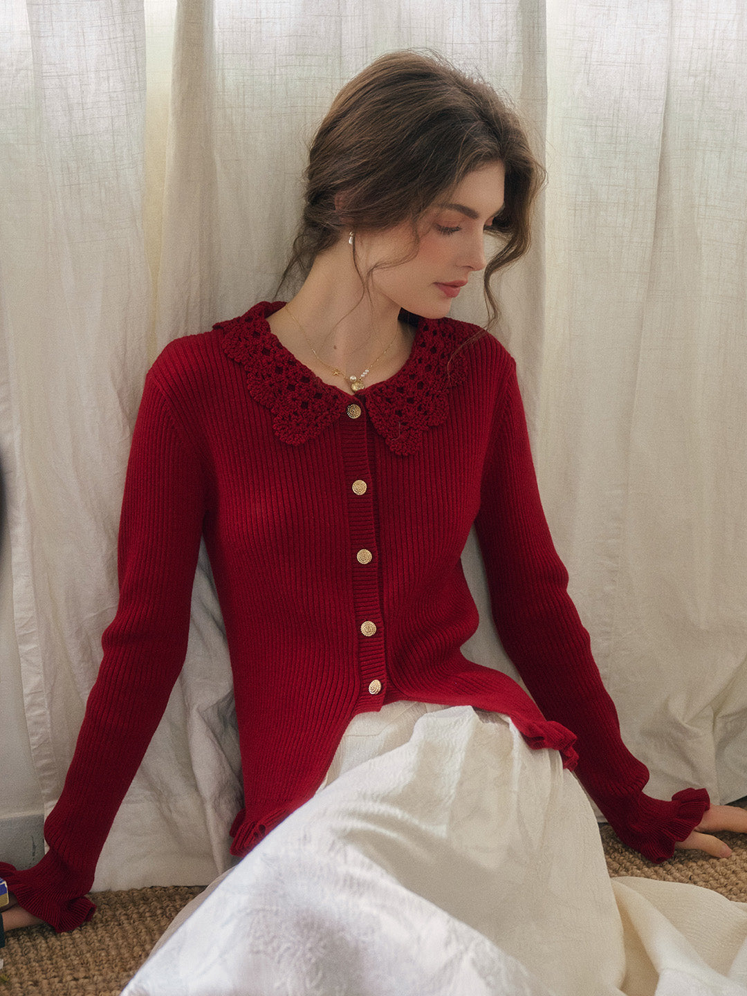 Jocelyn Red Round Neck Knit Wool Cardigan