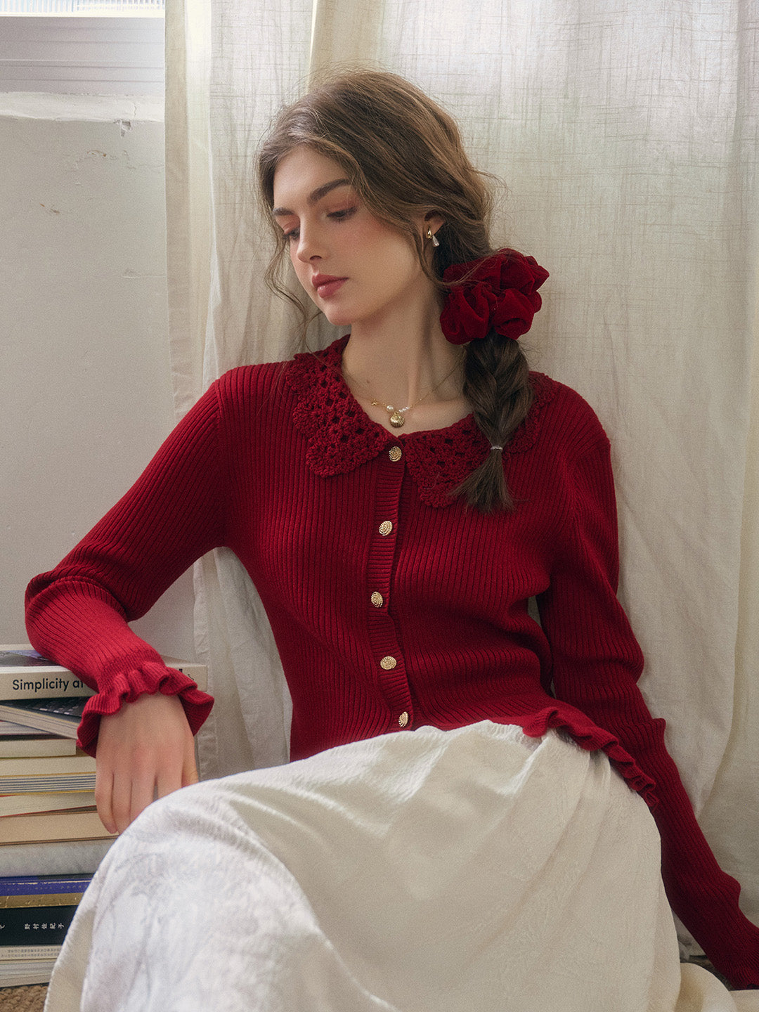 Jocelyn Red Round Neck Knit Wool Cardigan