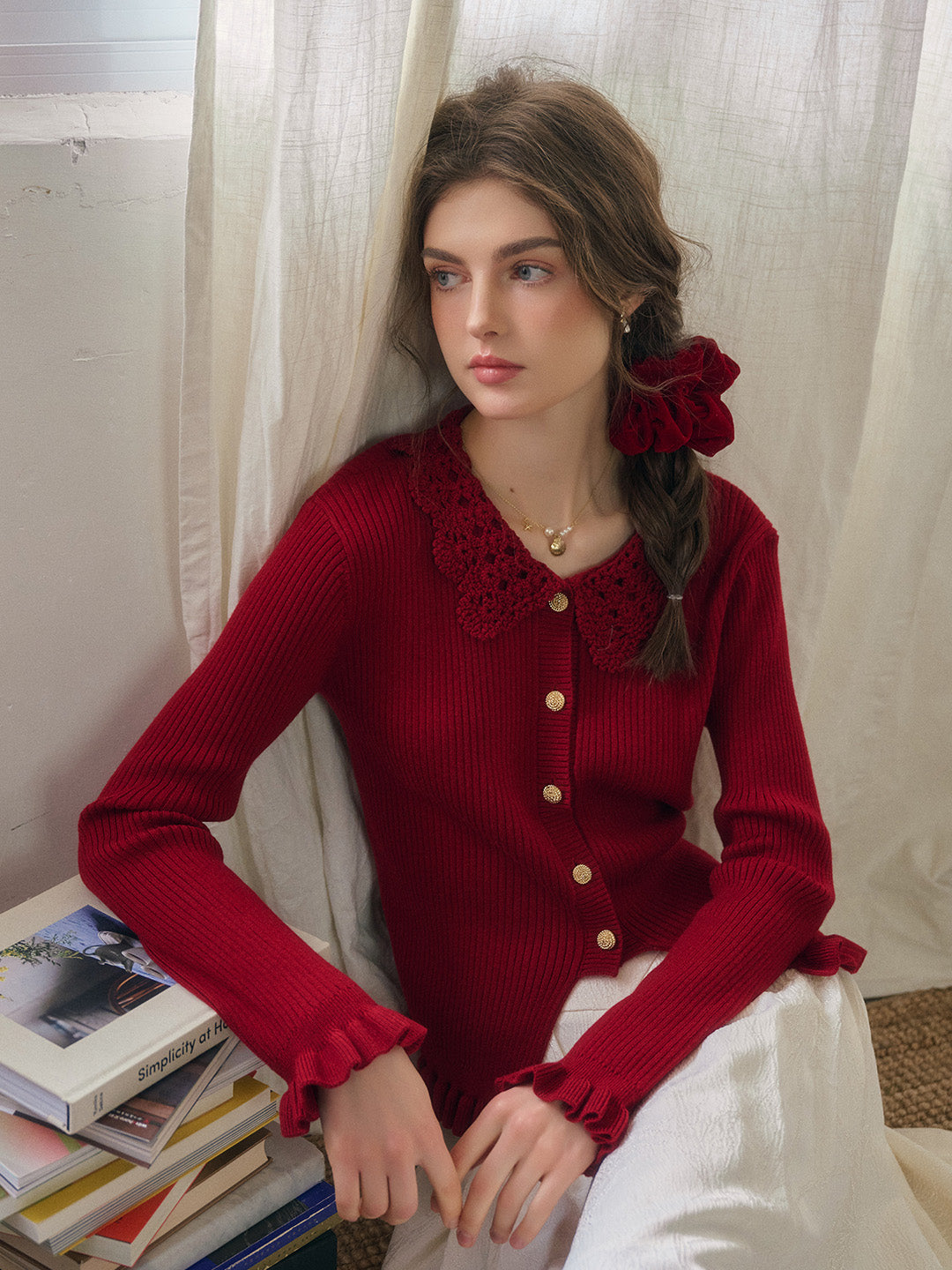 Jocelyn Red Round Neck Knit Wool Cardigan