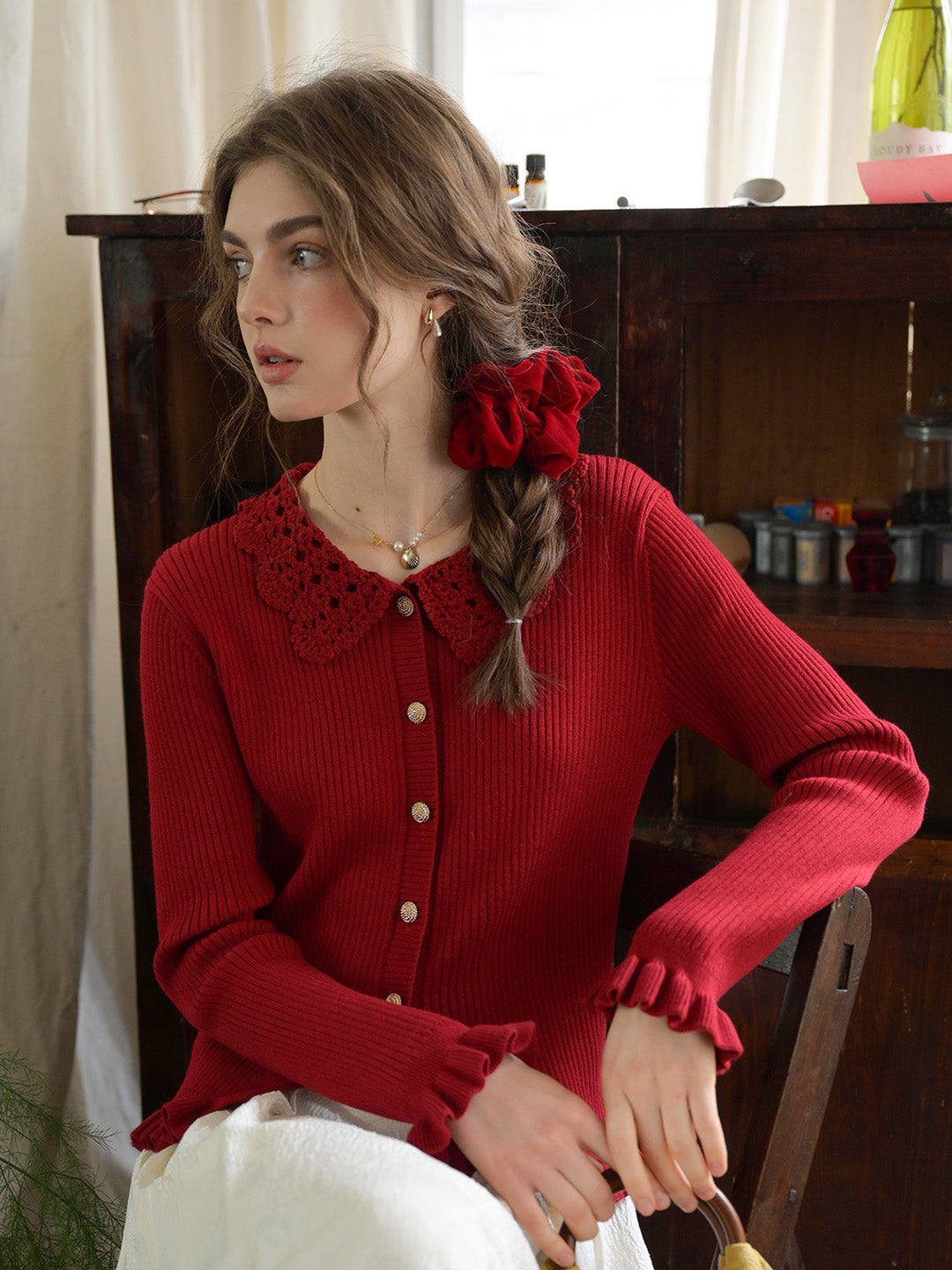 Jocelyn Red Round Neck Knit Wool Cardigan