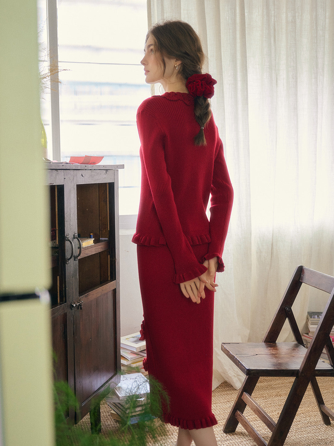 Jocelyn Red Round Neck Knit Wool Cardigan