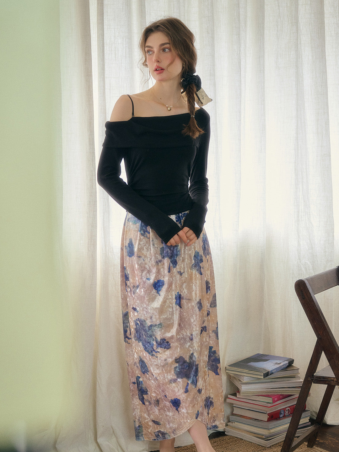 Leona Off-shoulder Velvet Patchwork Dress