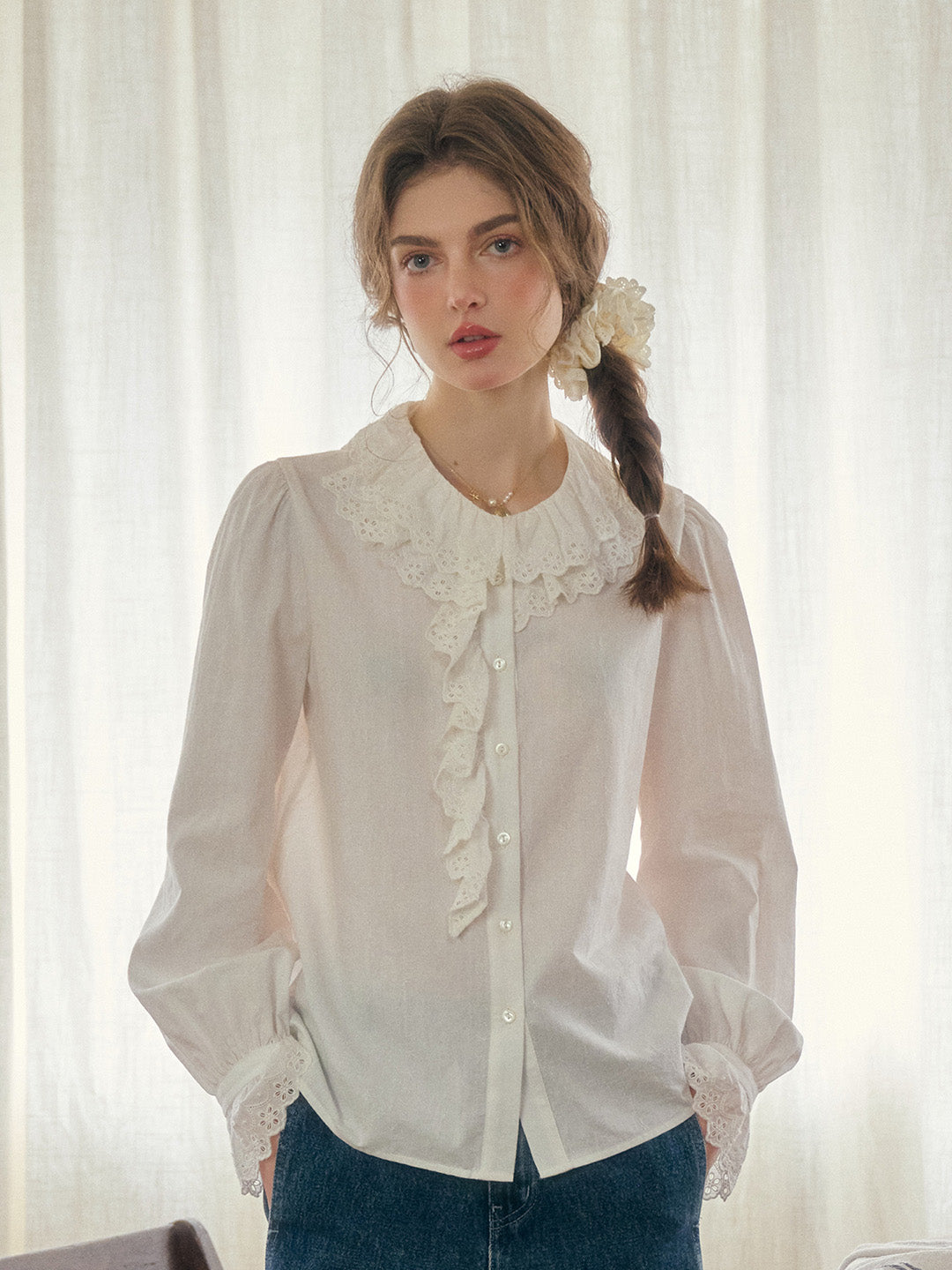 Azalea Double-Layered Lace Ruffled Collar Hollow Cotton Blouse