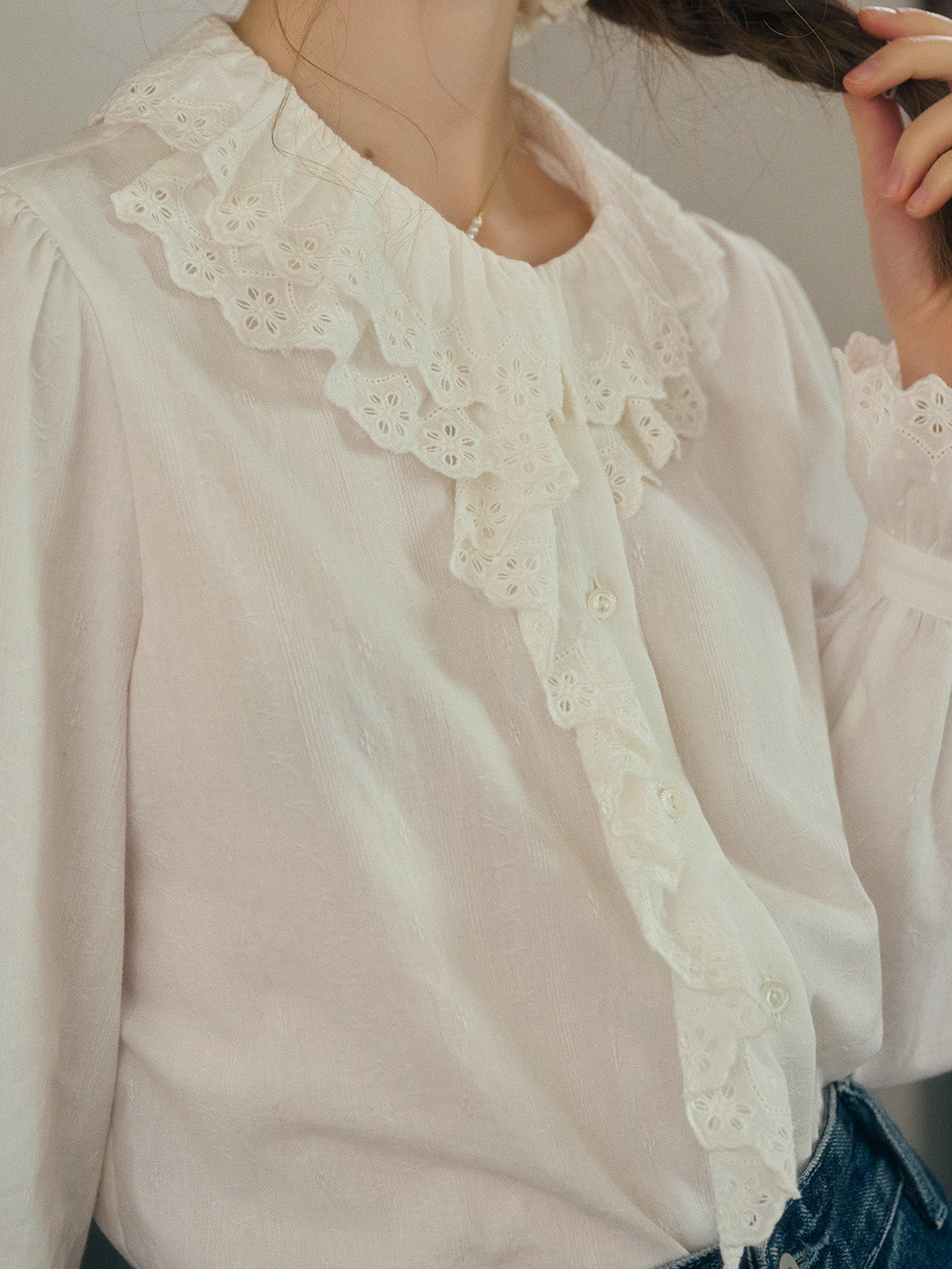 Azalea Double-Layered Lace Ruffled Collar Hollow Cotton Blouse