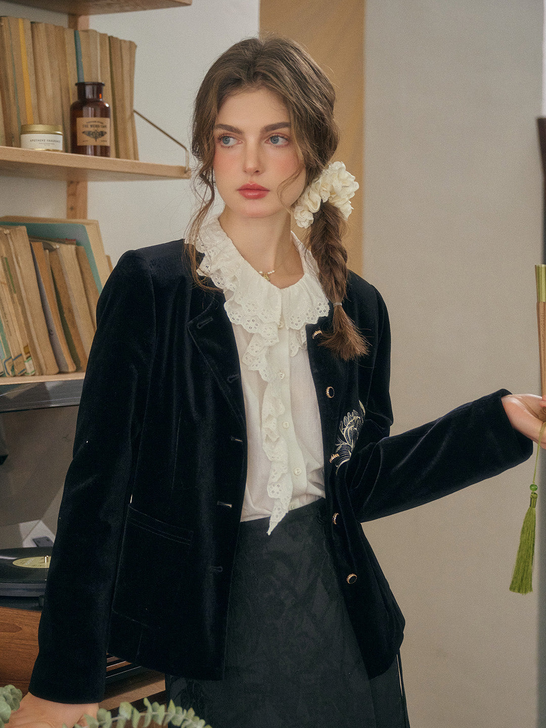 Kendra Contrasting Floral Embroidered Velvet Jacket