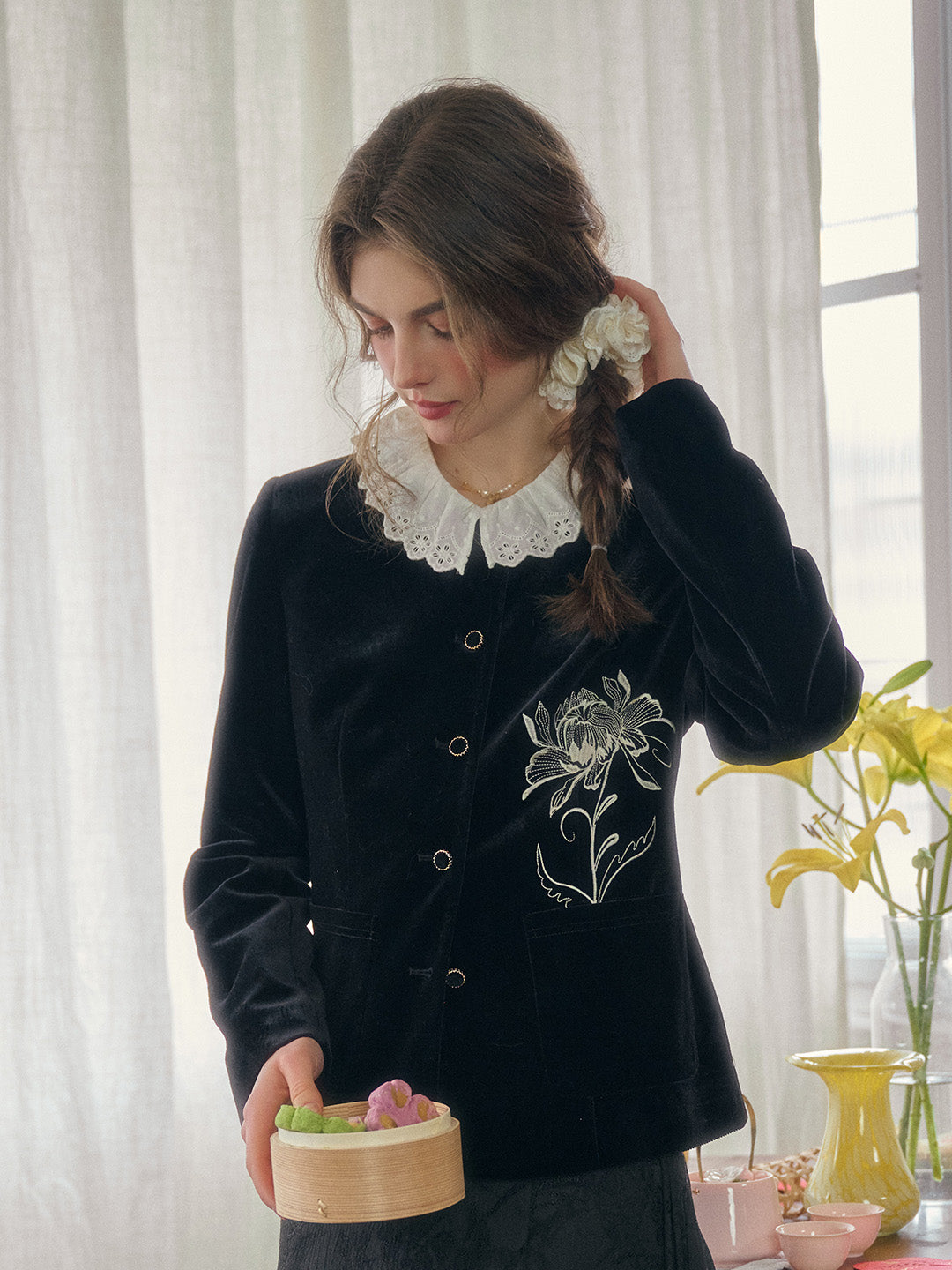 Kendra Contrasting Floral Embroidered Velvet Jacket