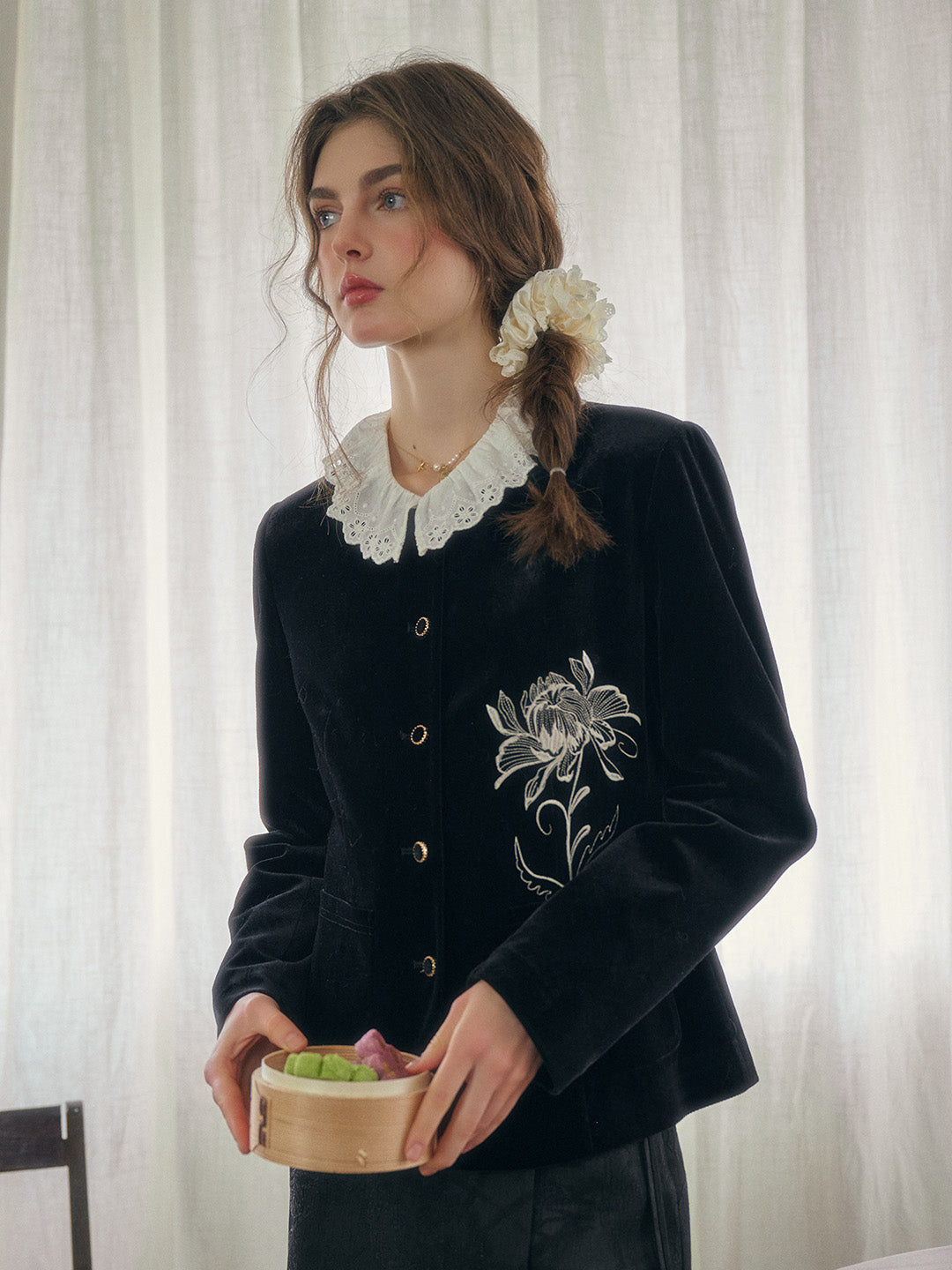 Kendra Contrasting Floral Embroidered Velvet Jacket