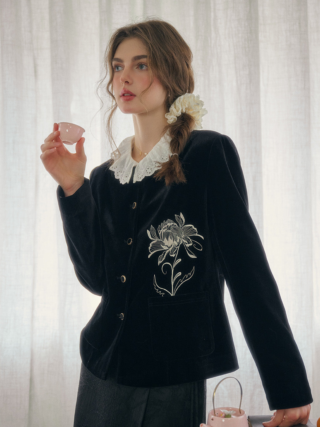 Kendra Contrasting Floral Embroidered Velvet Jacket