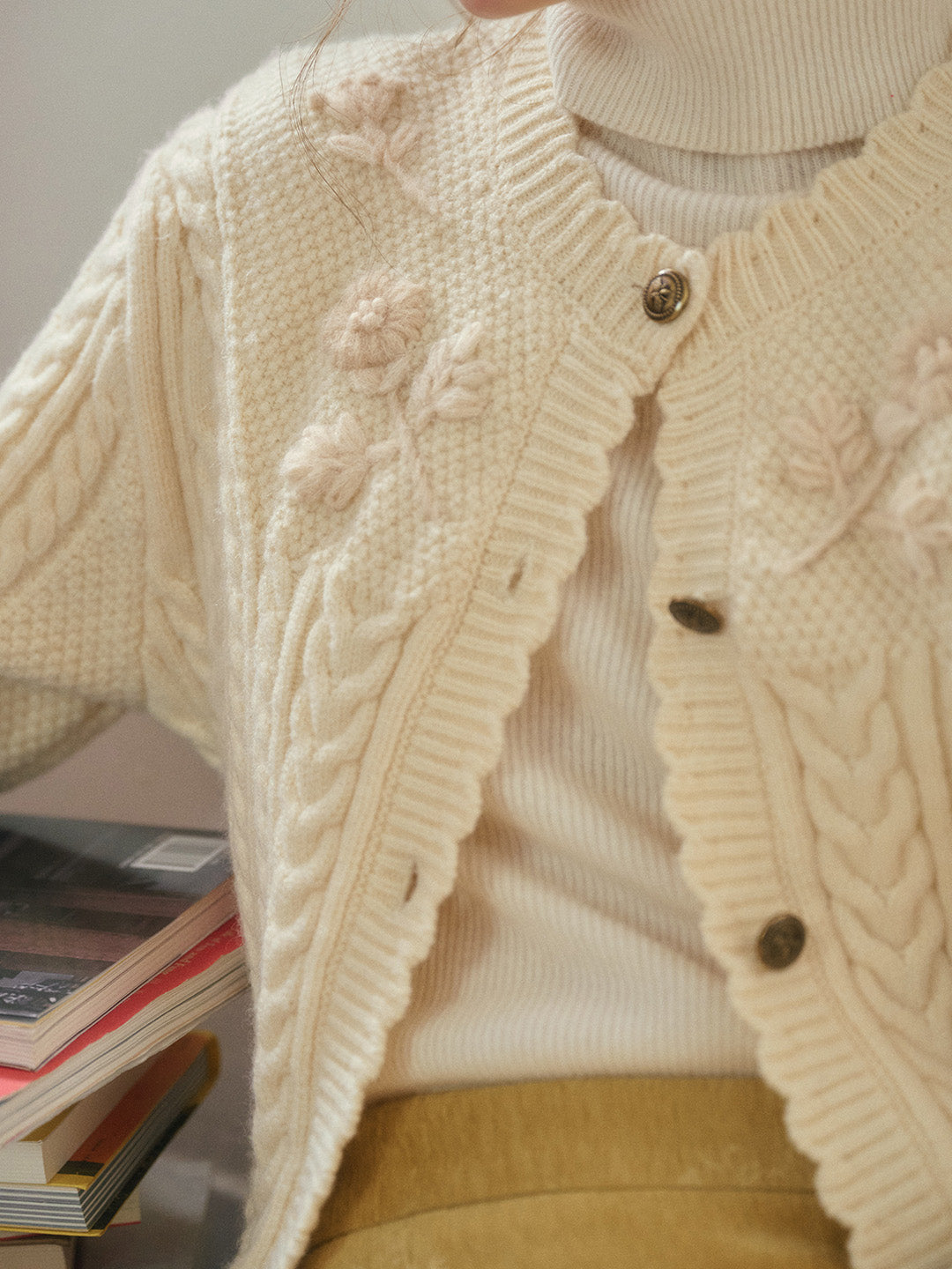 Vesper Wavy Neck Ribbed Wool Cardigan - Apricot