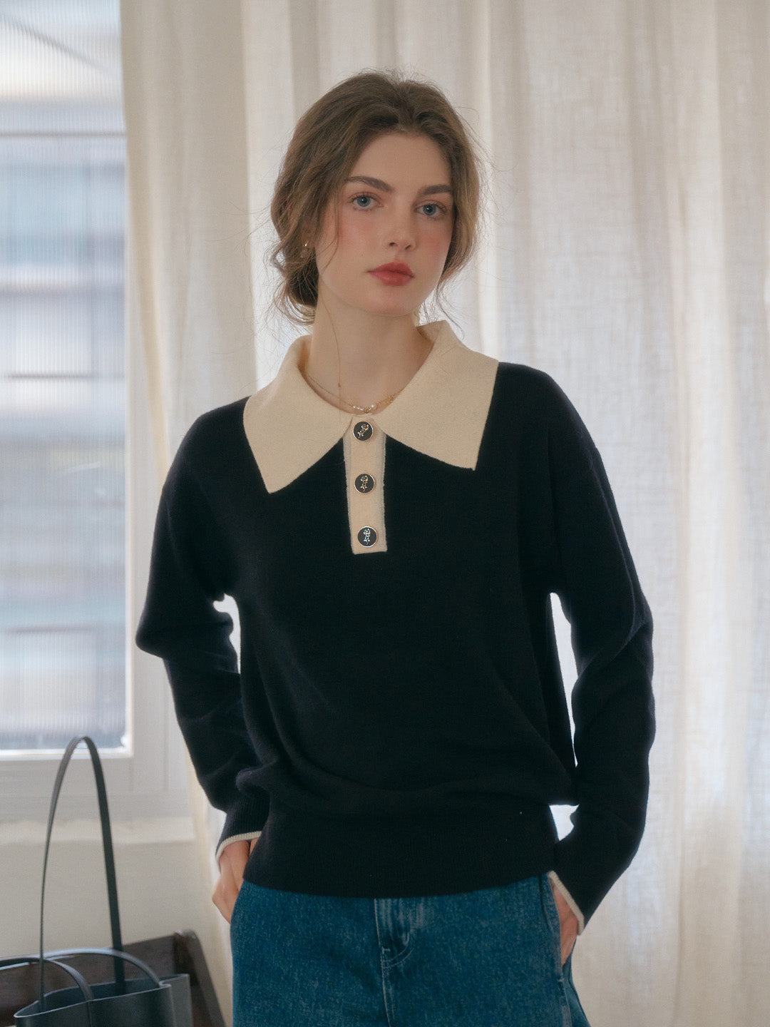 Selena Polo Contrast Collar 100% Wool Black Knit Sweater