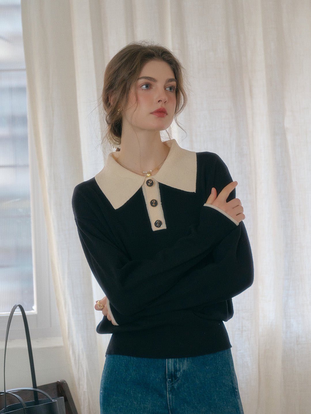 Selena Polo Contrast Collar 100% Wool Black Knit Sweater