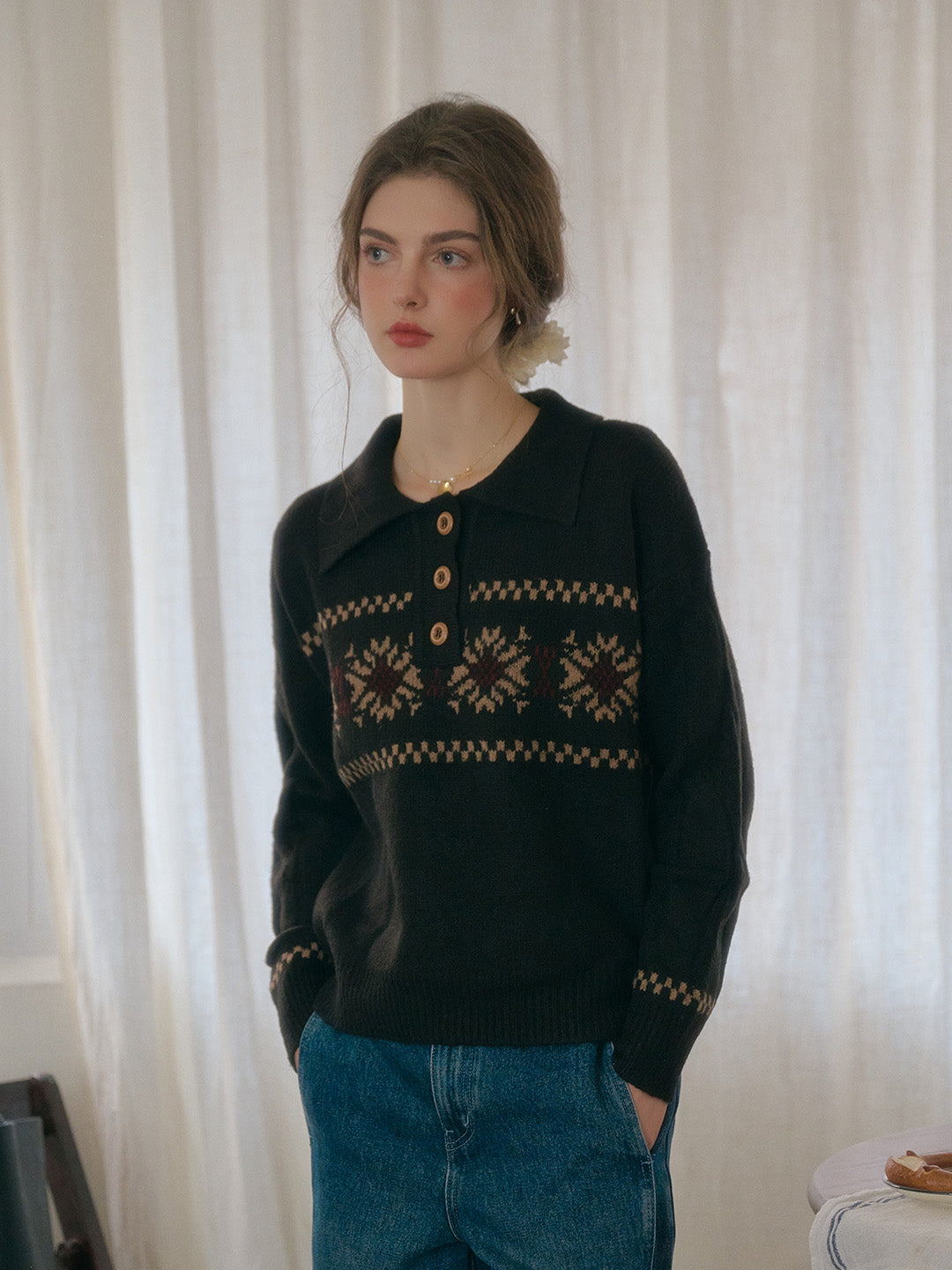 Norah Snowflake Jacquard Polo Fair Isle Knit Sweater