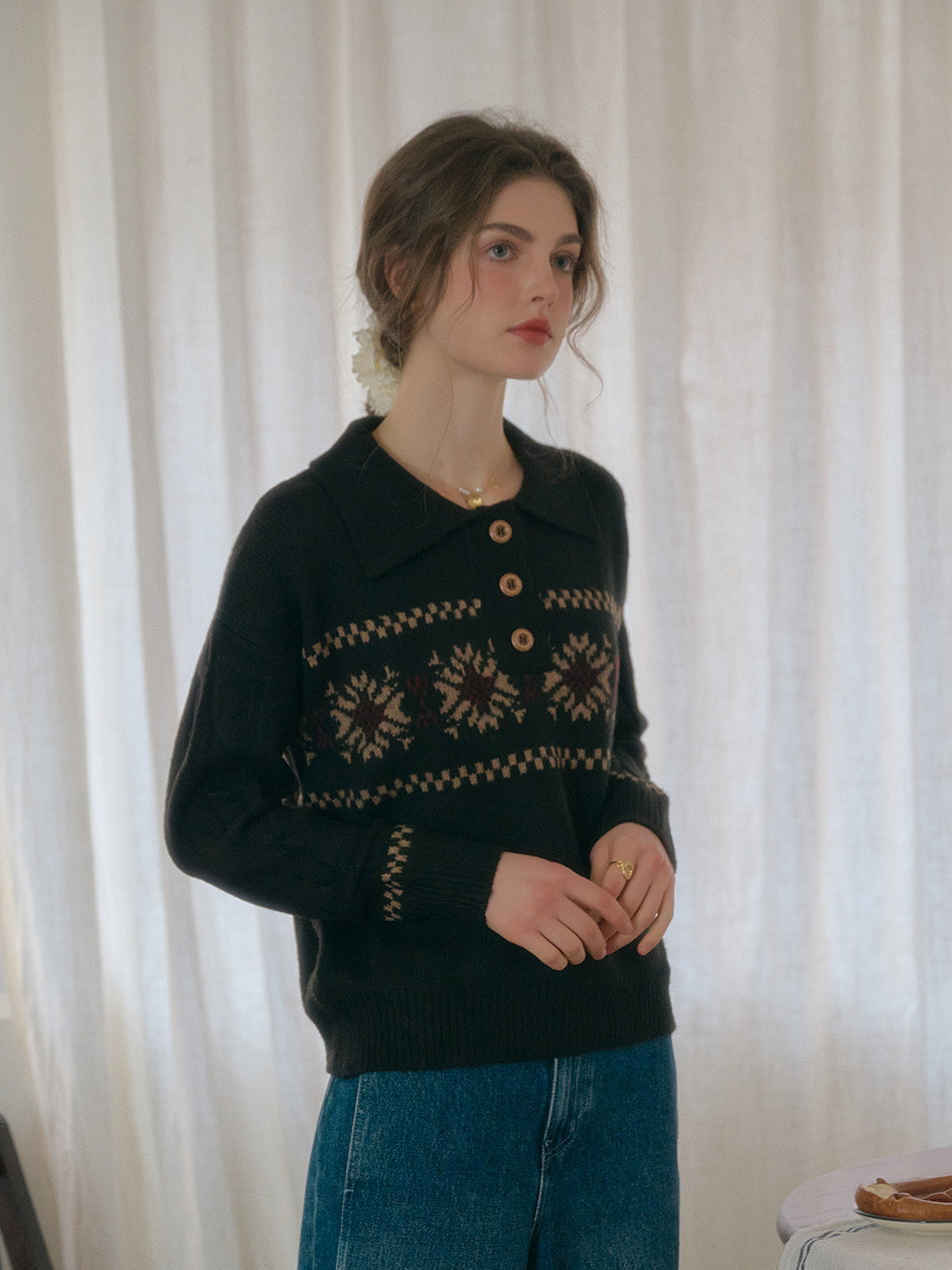 Norah Snowflake Jacquard Polo Fair Isle Knit Sweater