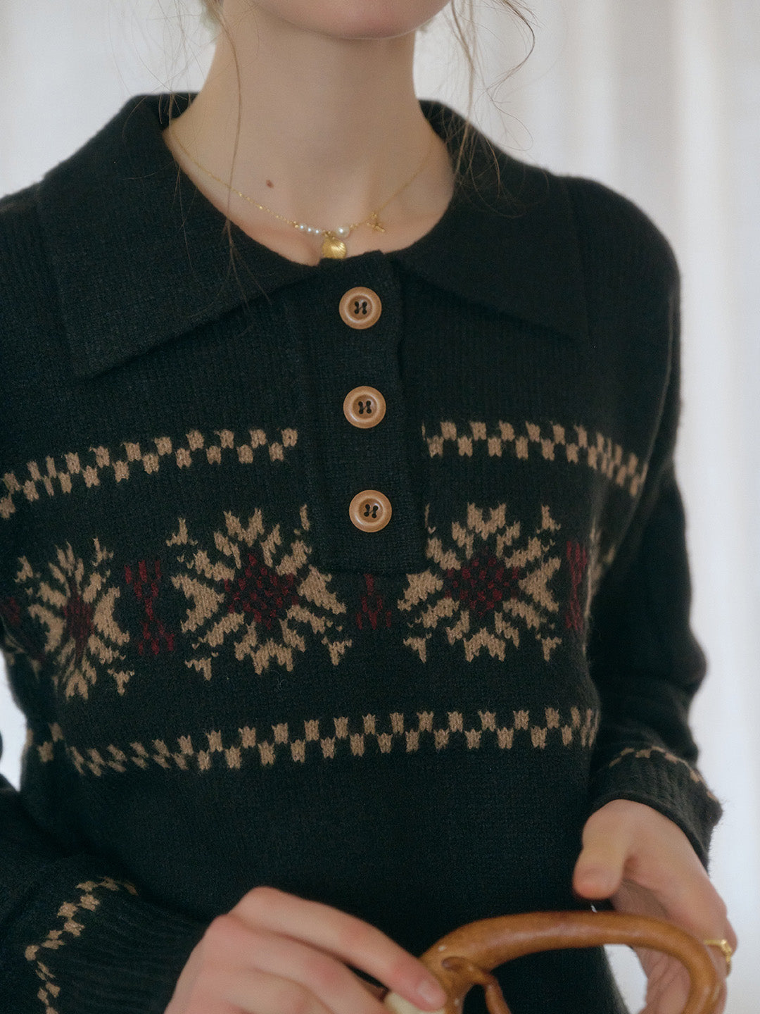 Norah Snowflake Jacquard Polo Fair Isle Knit Sweater