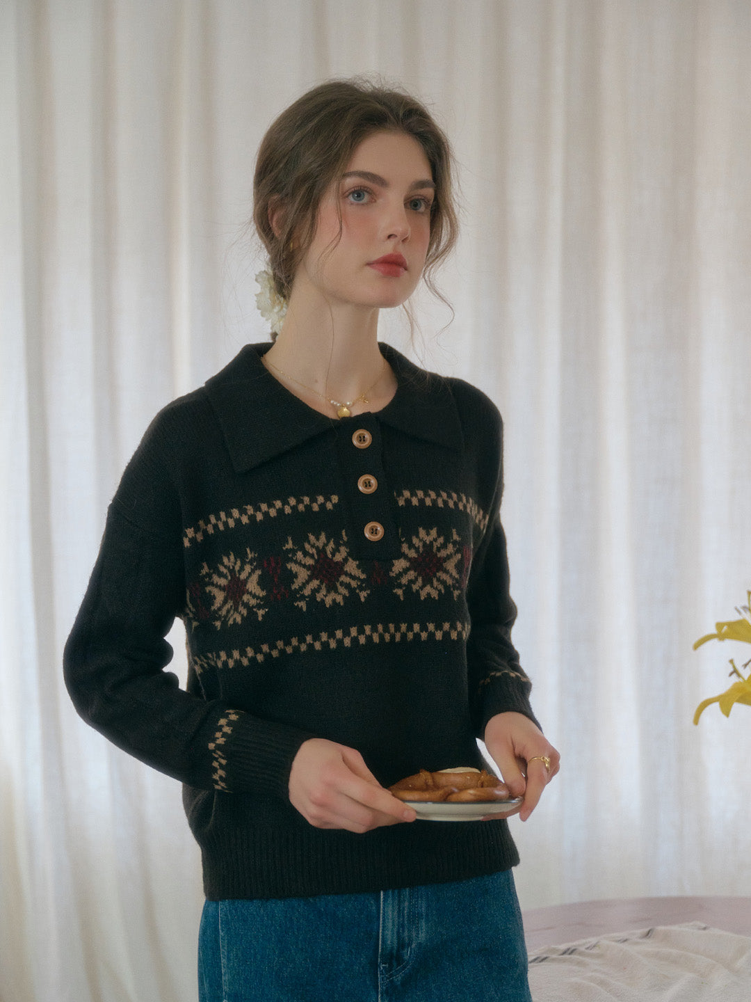 Norah Snowflake Jacquard Polo Fair Isle Knit Sweater