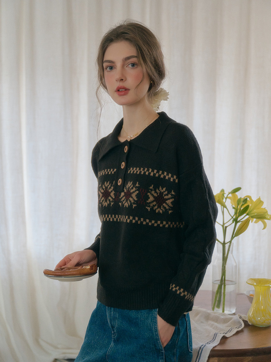 Norah Snowflake Jacquard Polo Fair Isle Knit Sweater