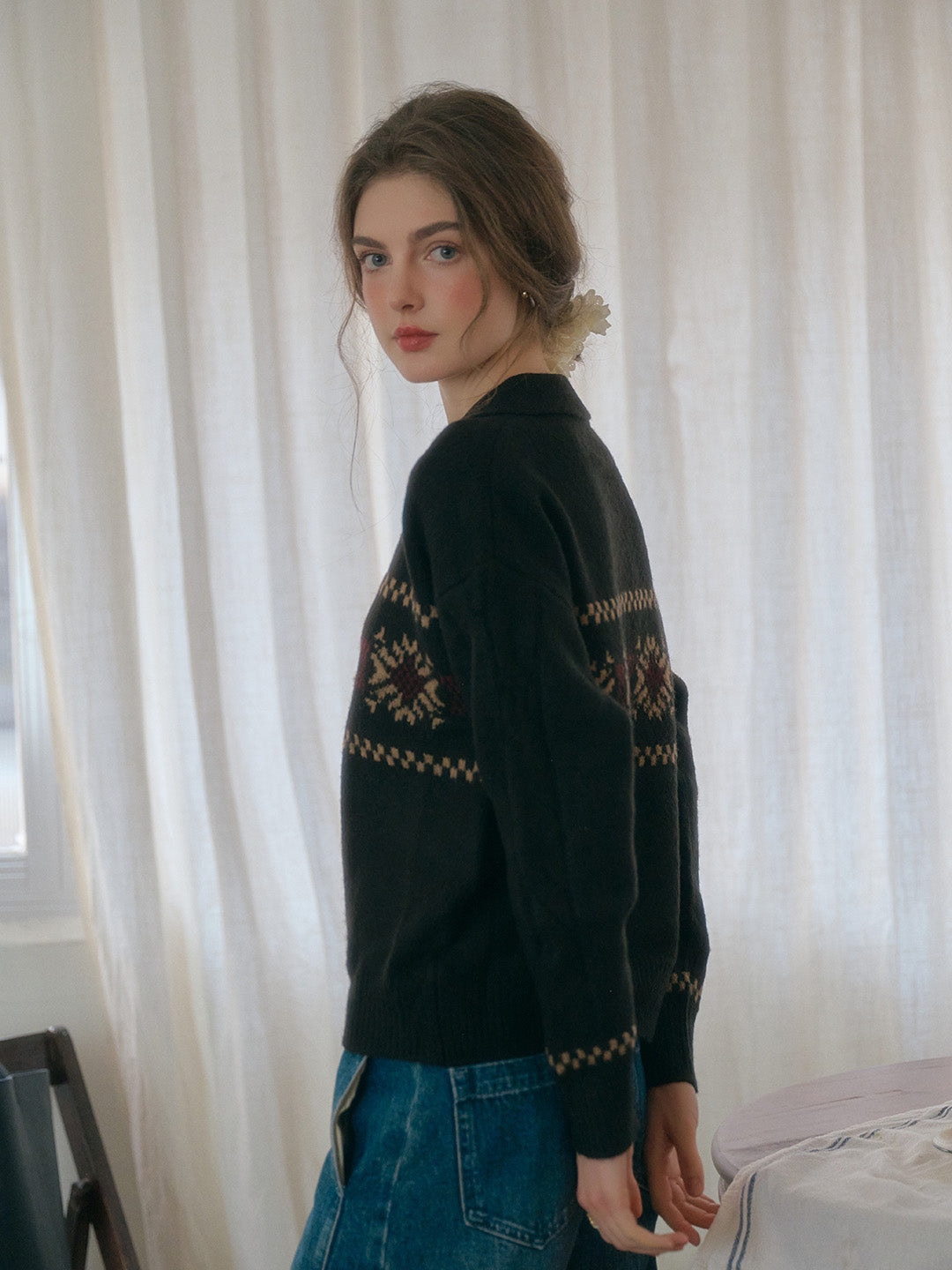 Norah Snowflake Jacquard Polo Fair Isle Knit Sweater