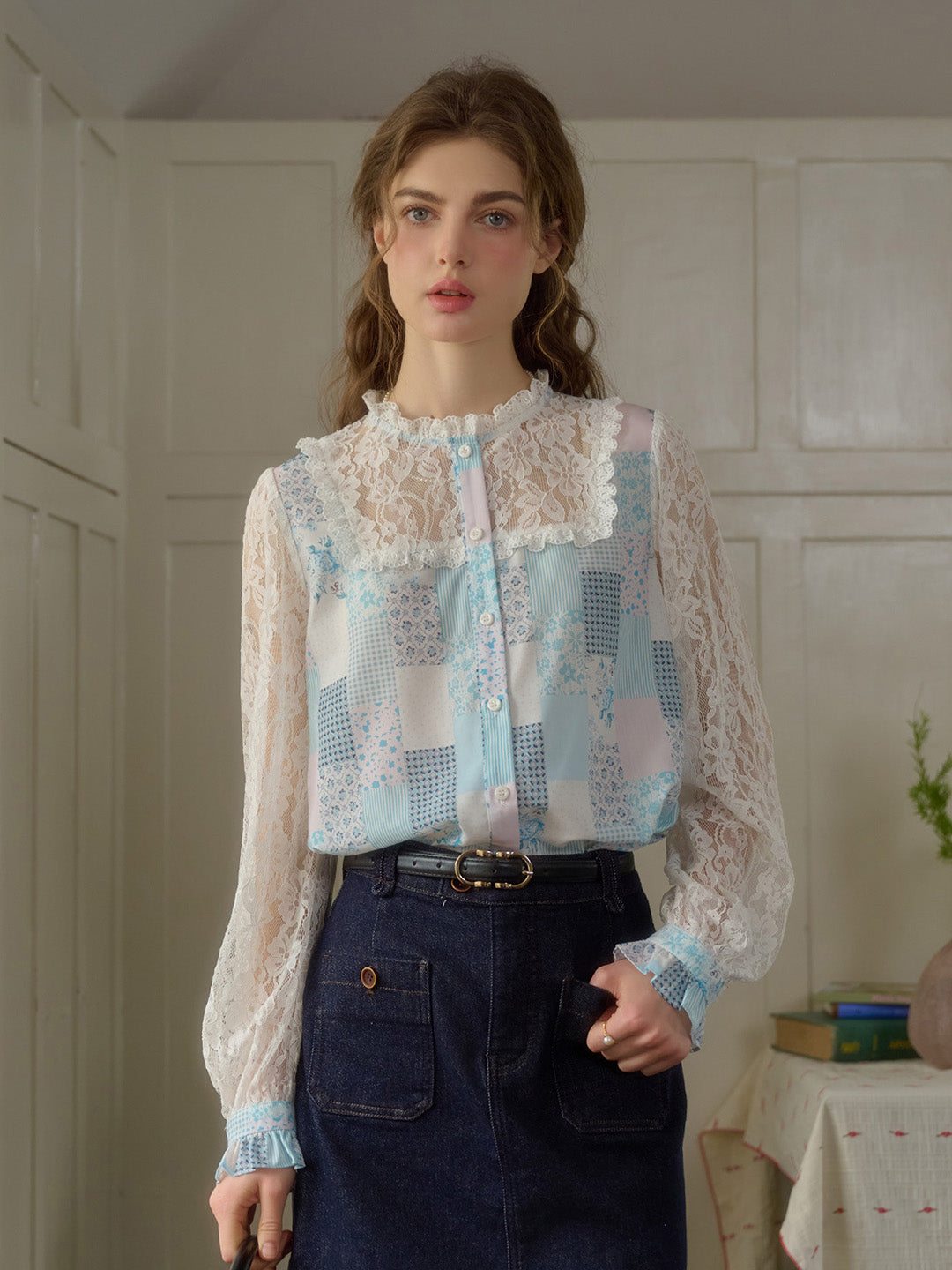 Vivienne Lace Collar Patchwork Blouse - Green