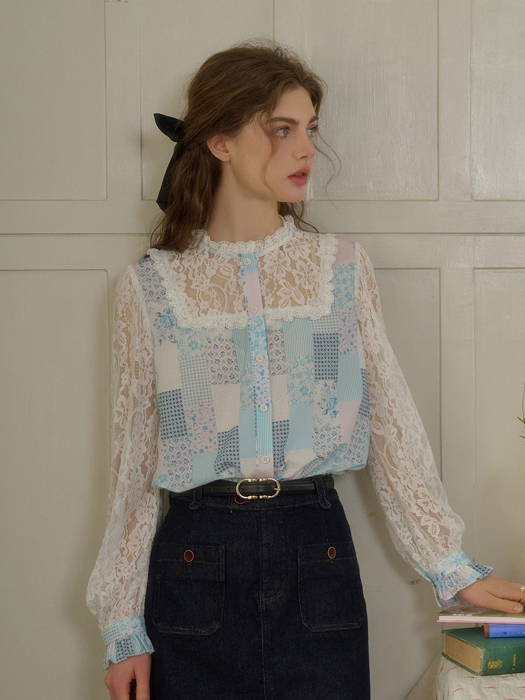 Vivienne Lace Collar Patchwork Blouse - Blue