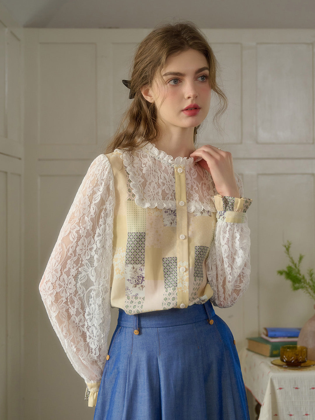 Vivienne Lace Collar Patchwork Blouse - Green