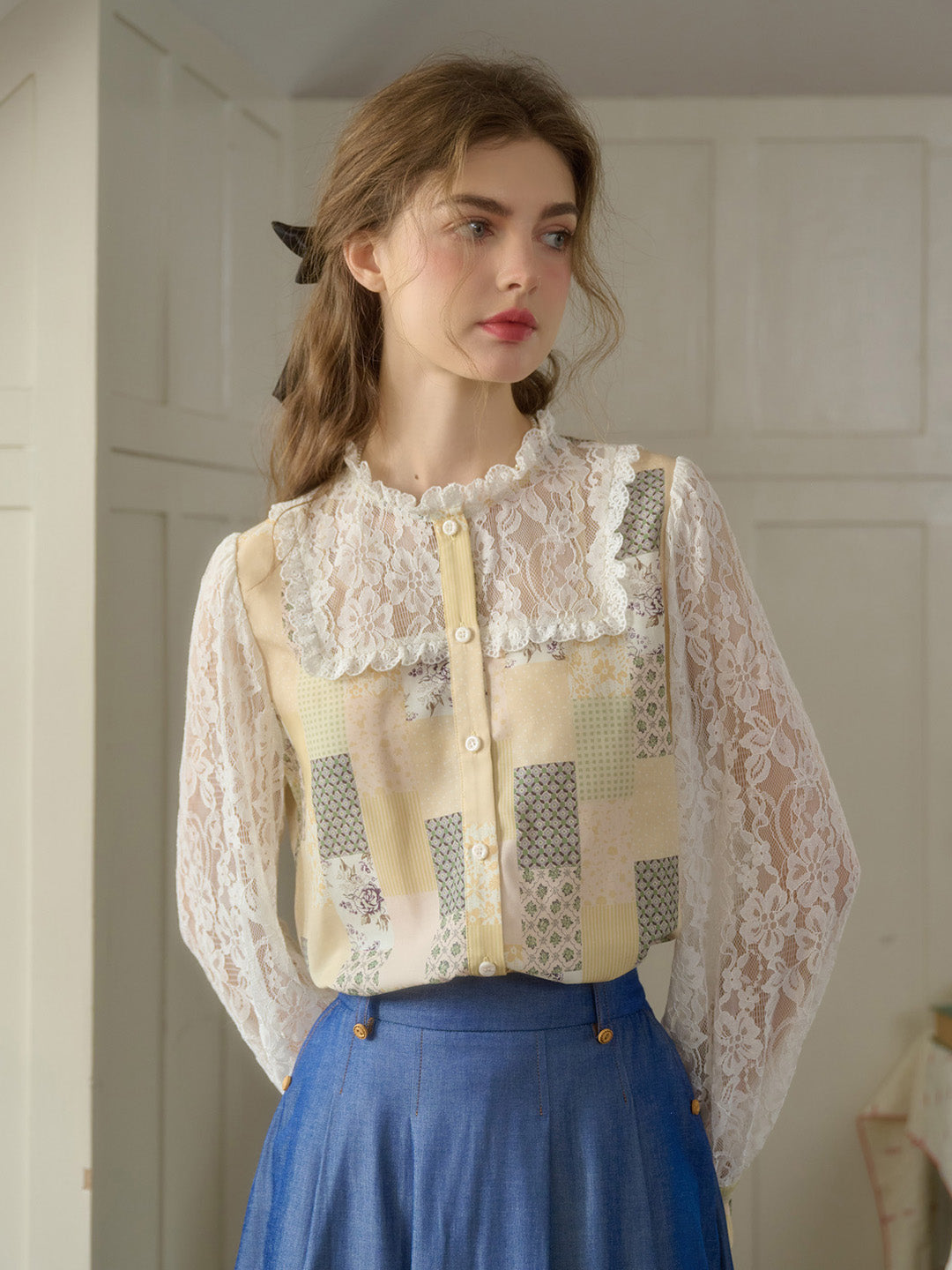 Vivienne Lace Collar Patchwork Blouse - Yellow