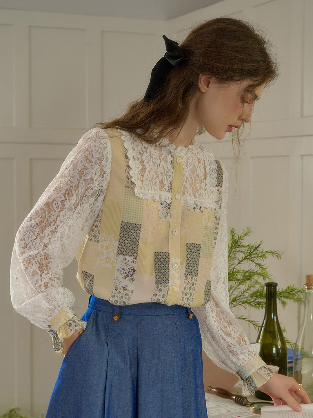 Vivienne Lace Collar Patchwork Blouse - Green