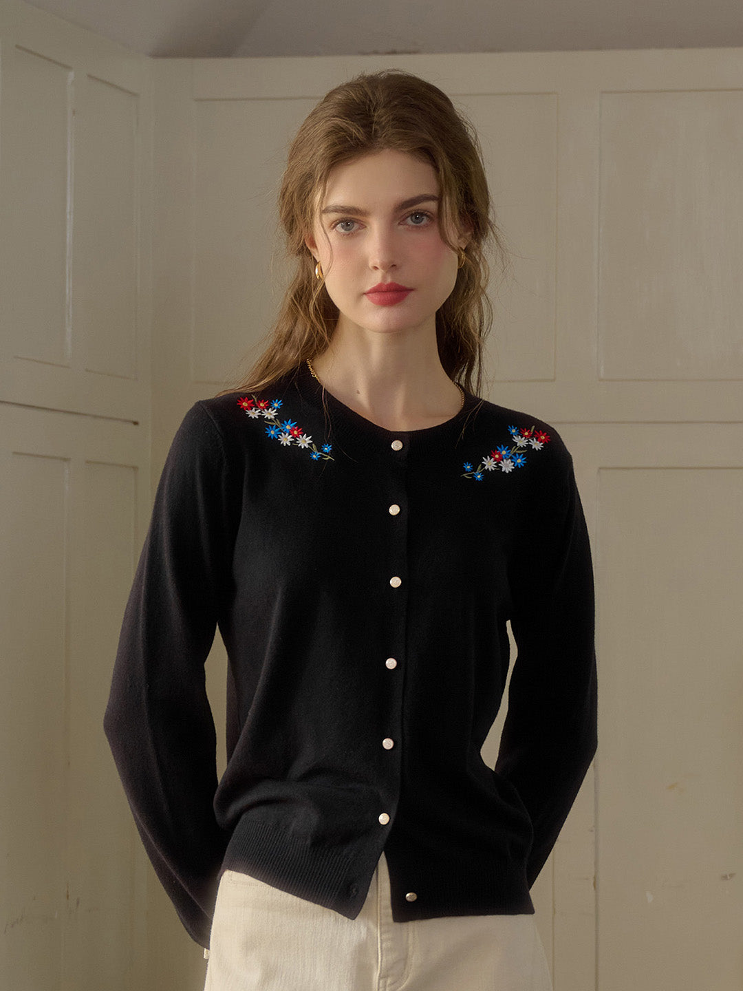 Daisy Round Neck Embroidered Cardigan