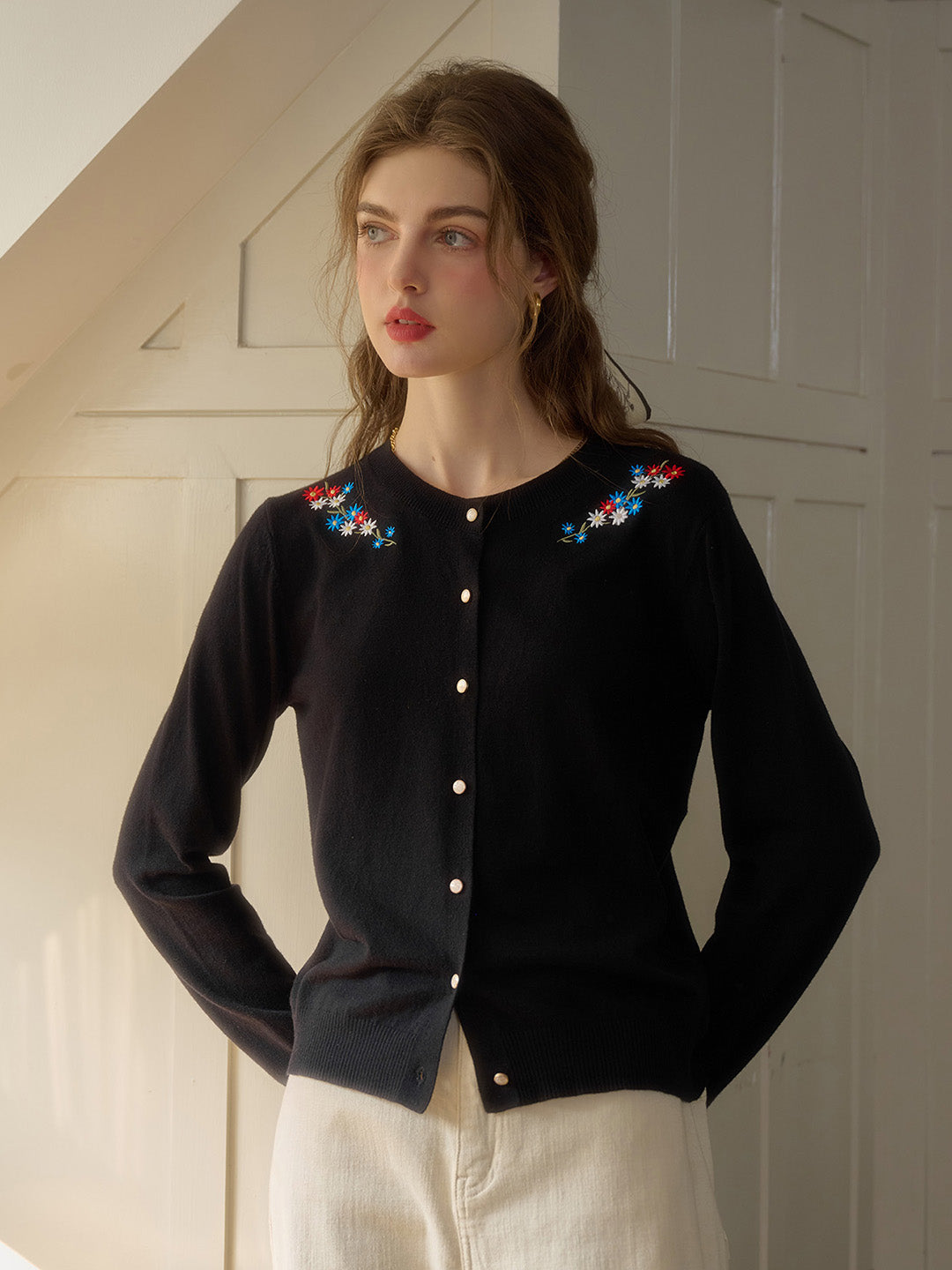 Daisy Round Neck Embroidered Cardigan