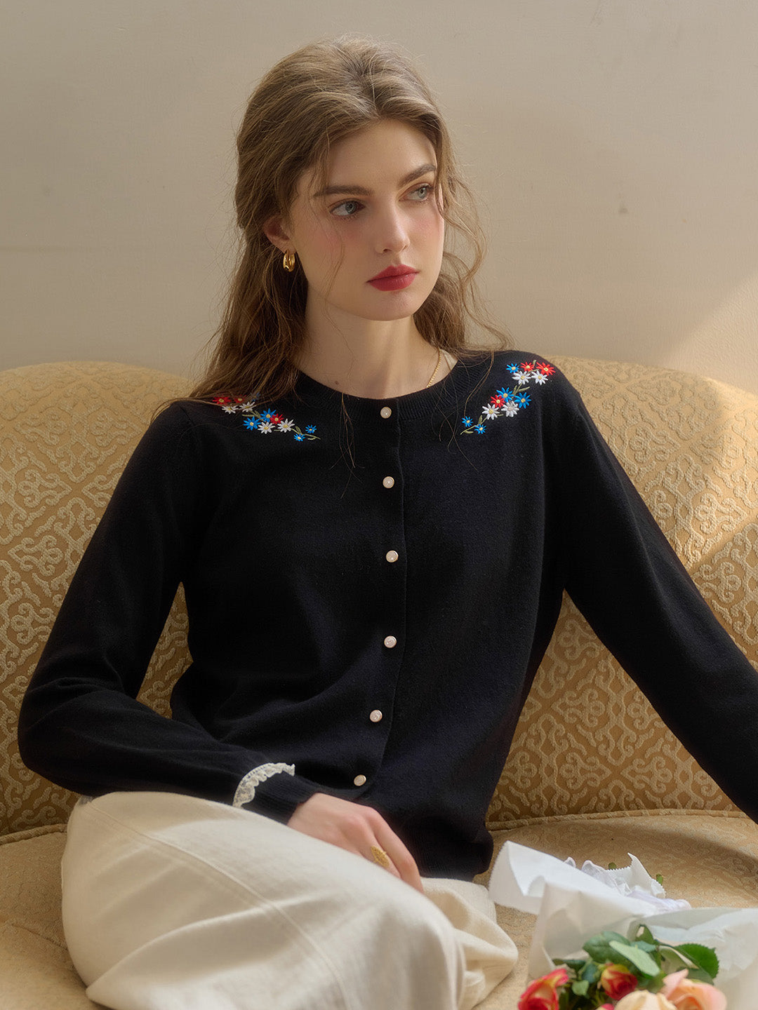 Daisy Round Neck Embroidered Cardigan