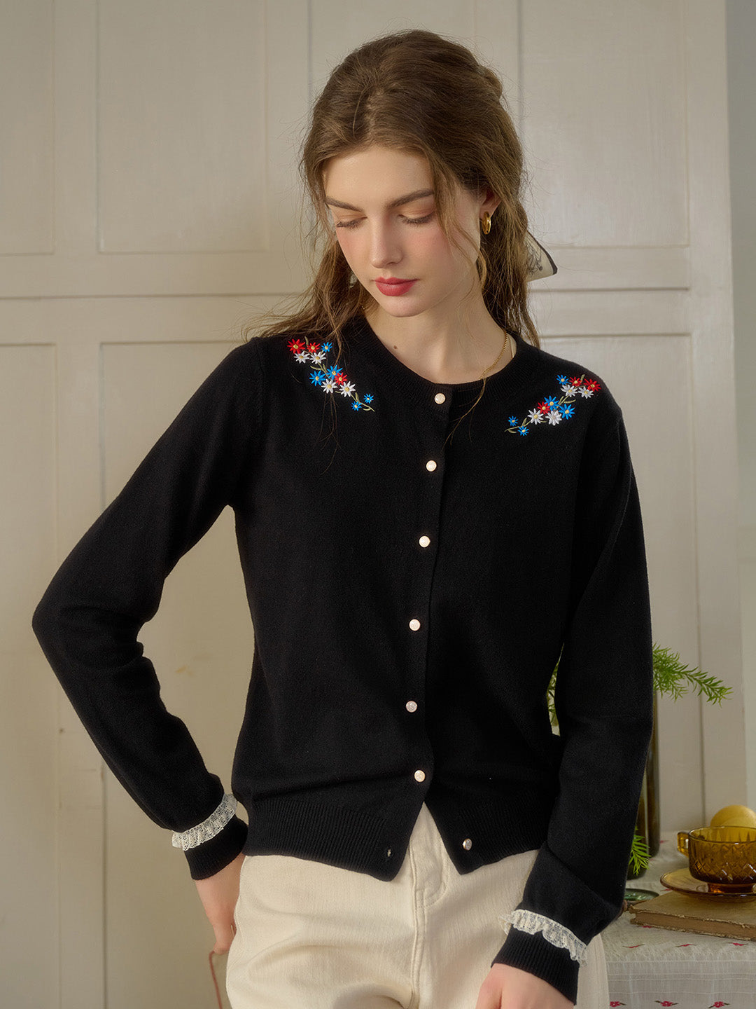 Daisy Round Neck Embroidered Cardigan