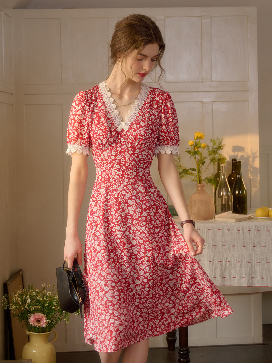 Amelia V-Neck Lace Floral Dress