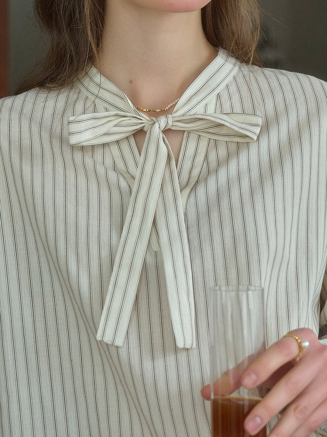 Delilah Ribbon Collar Stripes Shirt