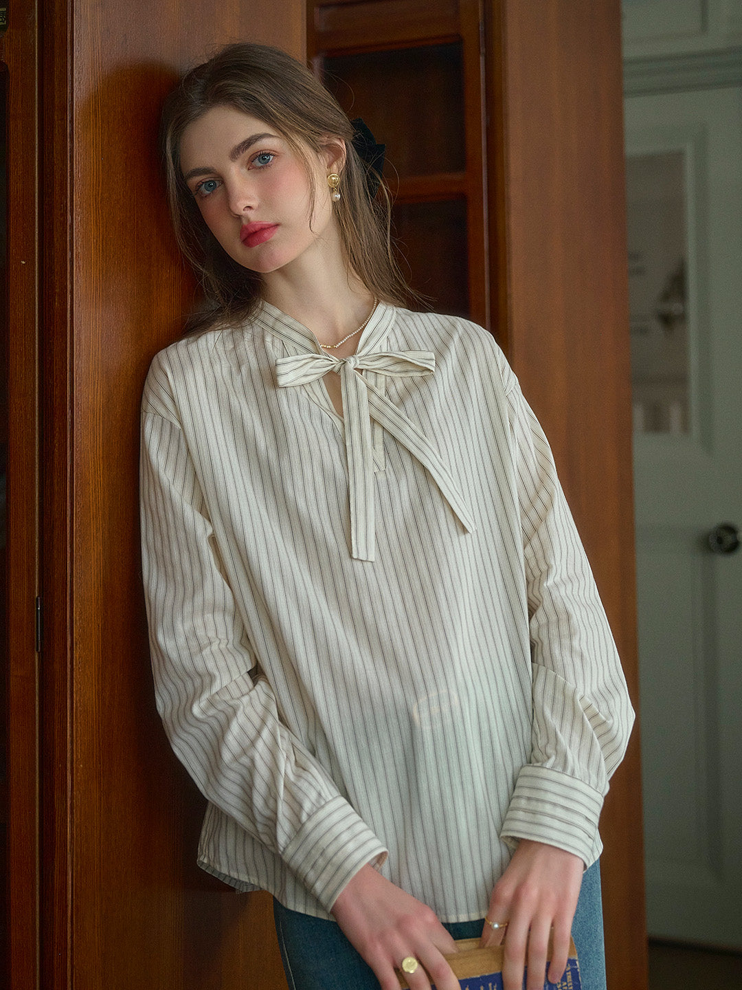 Delilah Ribbon Collar Stripes Shirt