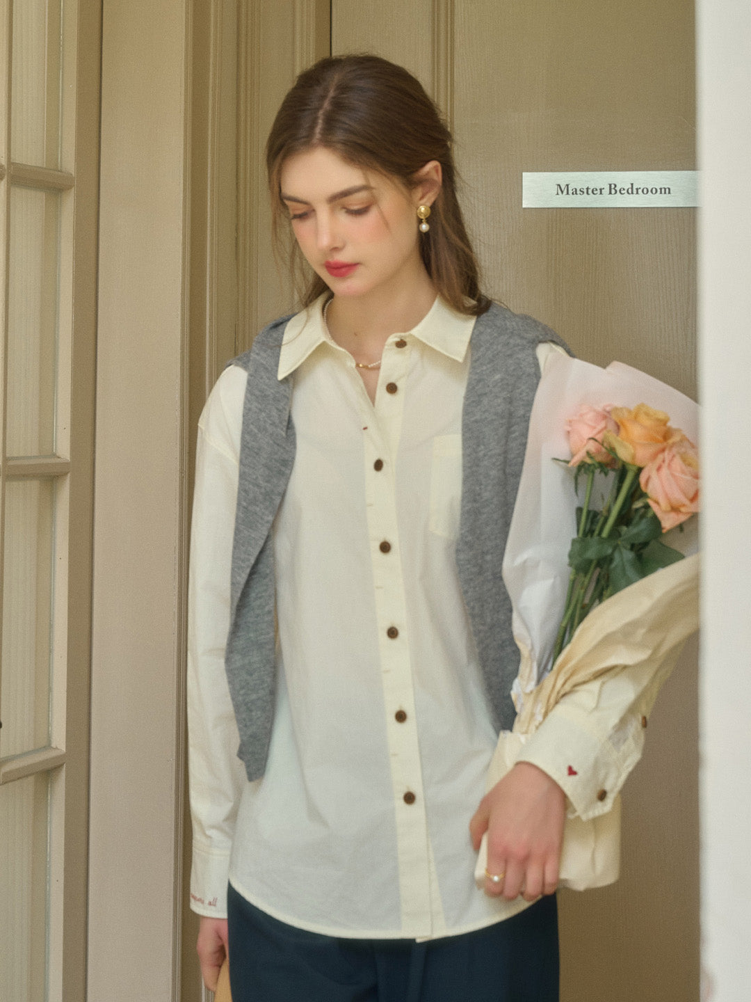 Claire Simple Lapel Pocket Blouse - Apricot