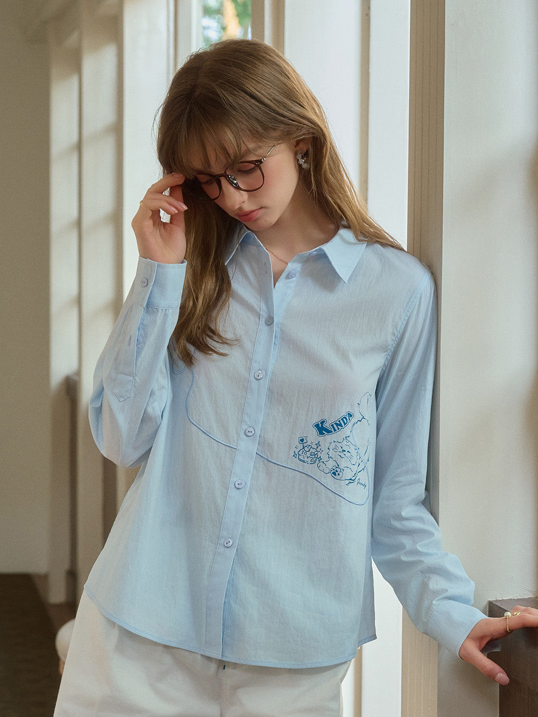 Keira Lapel Embroidery Shirt - Blue