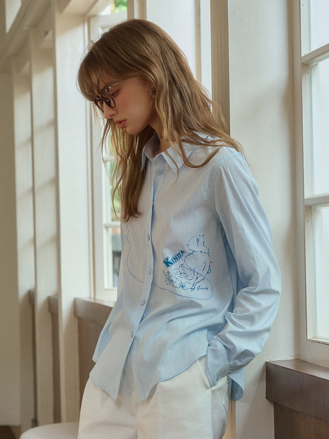 Keira Lapel Embroidery Shirt - Blue