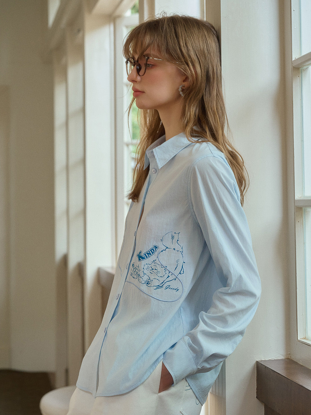 Keira Lapel Embroidery Shirt - Blue