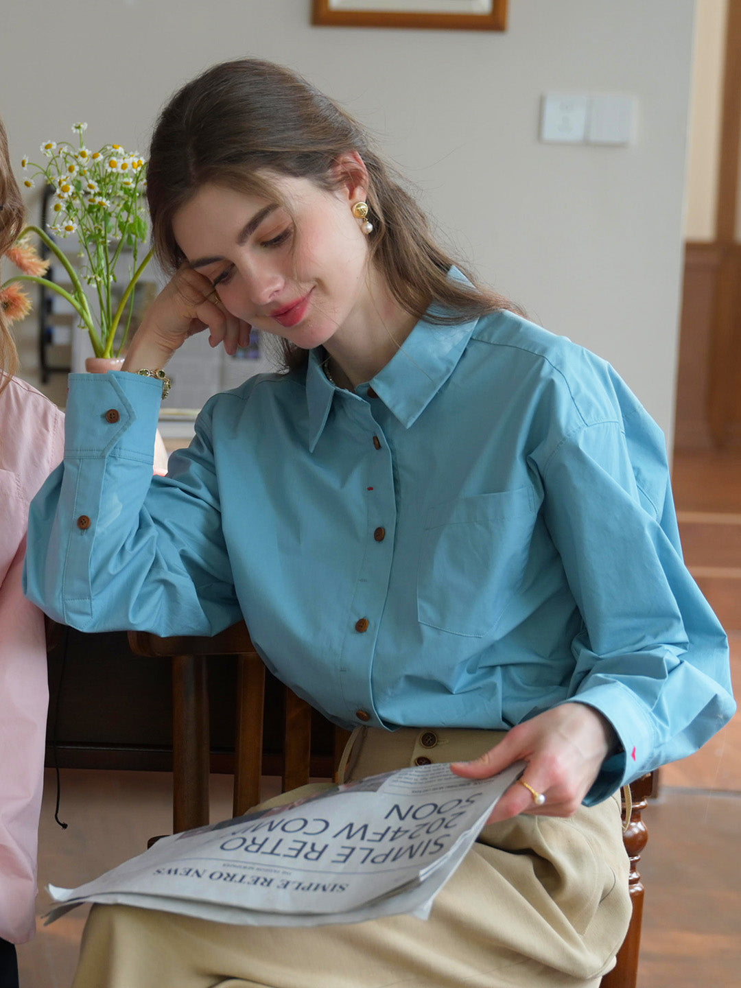 Claire Simple Lapel Pocket Blouse - Apricot