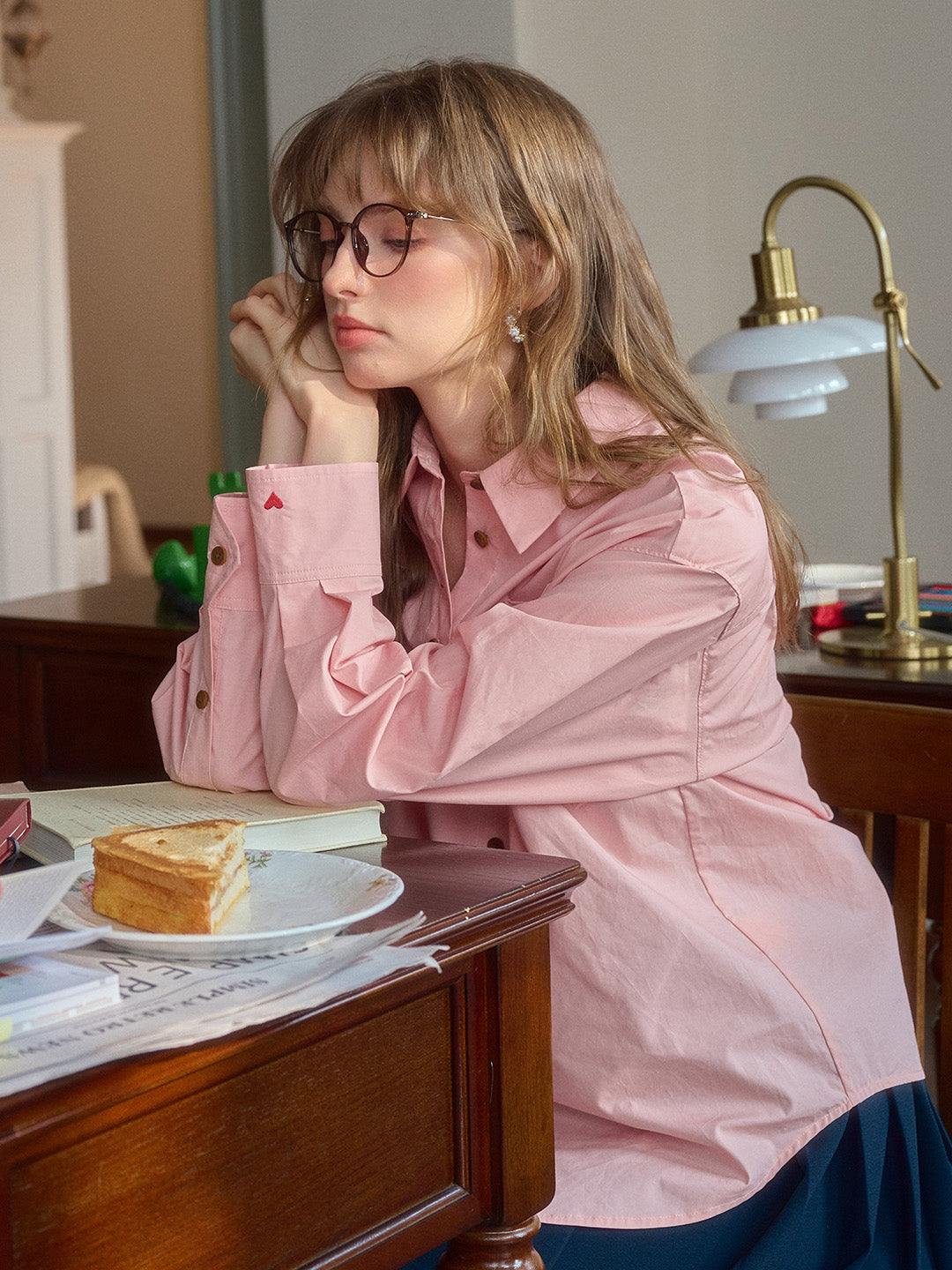 Claire Simple Lapel Pocket Blouse - Apricot