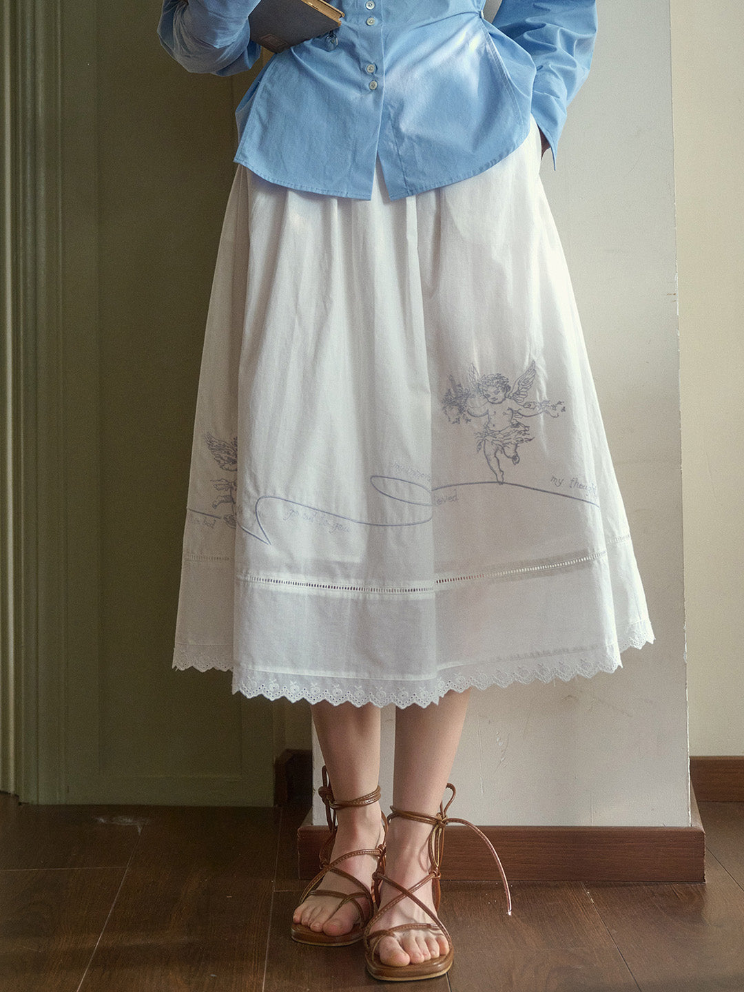 Ava Embroidery White Cotton Skirt